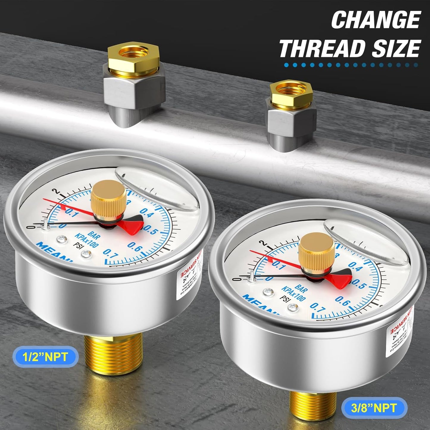 MEANLIN MEASURE 0~10Psi Stainless Steel 1/4" NPT 2.5" FACE DIAL with Reset Pointer Liquid Filled Pressure Gauge WOG Water Oil Air, Back Mount, with Brass Hex Bushing