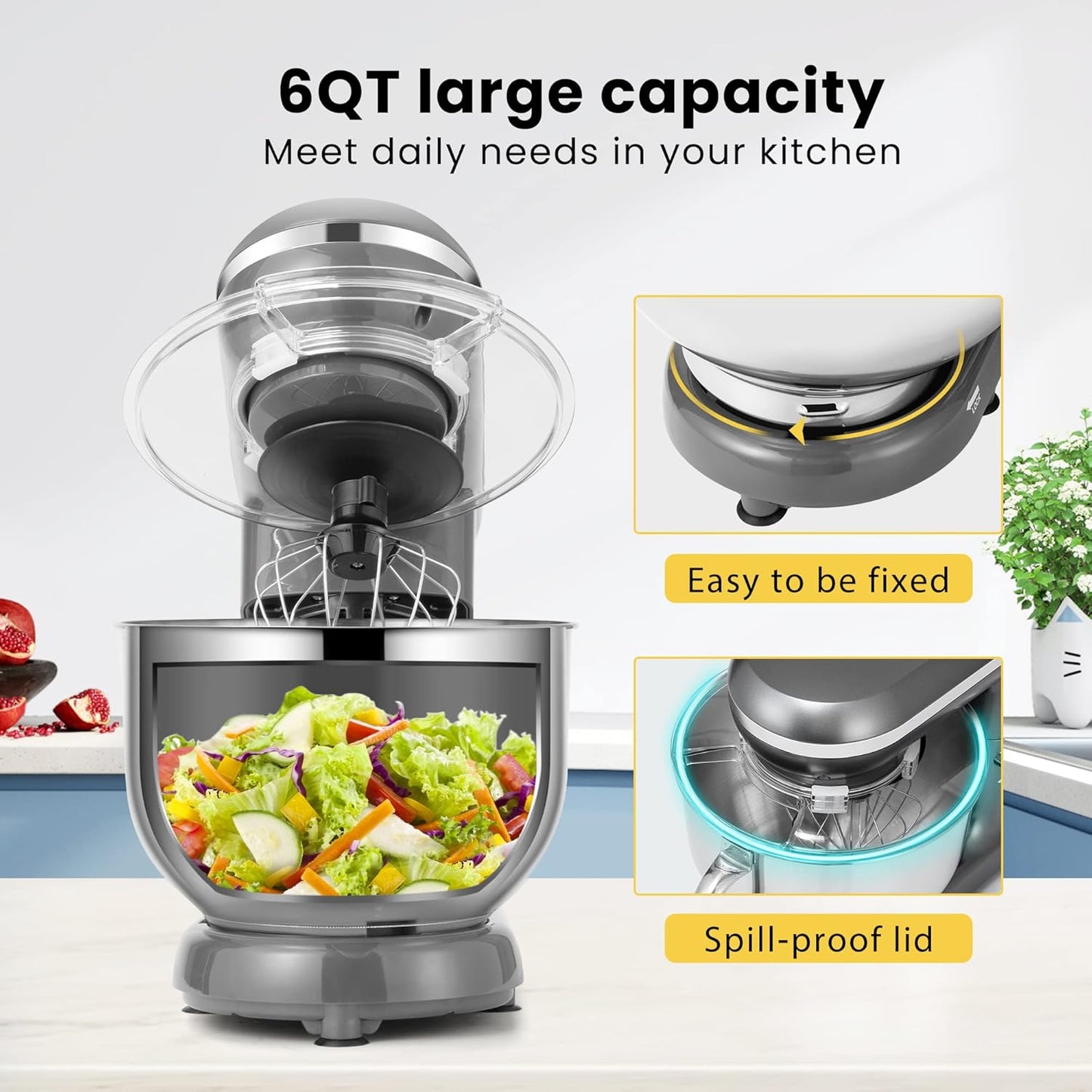 VIVOHOME Stand Mixer, 660W 10 Speed 6 Quart Tilt-Head Kitchen Electric Food Mixer with Beater, Dough Hook, Wire Whip and Egg Separator, Gray