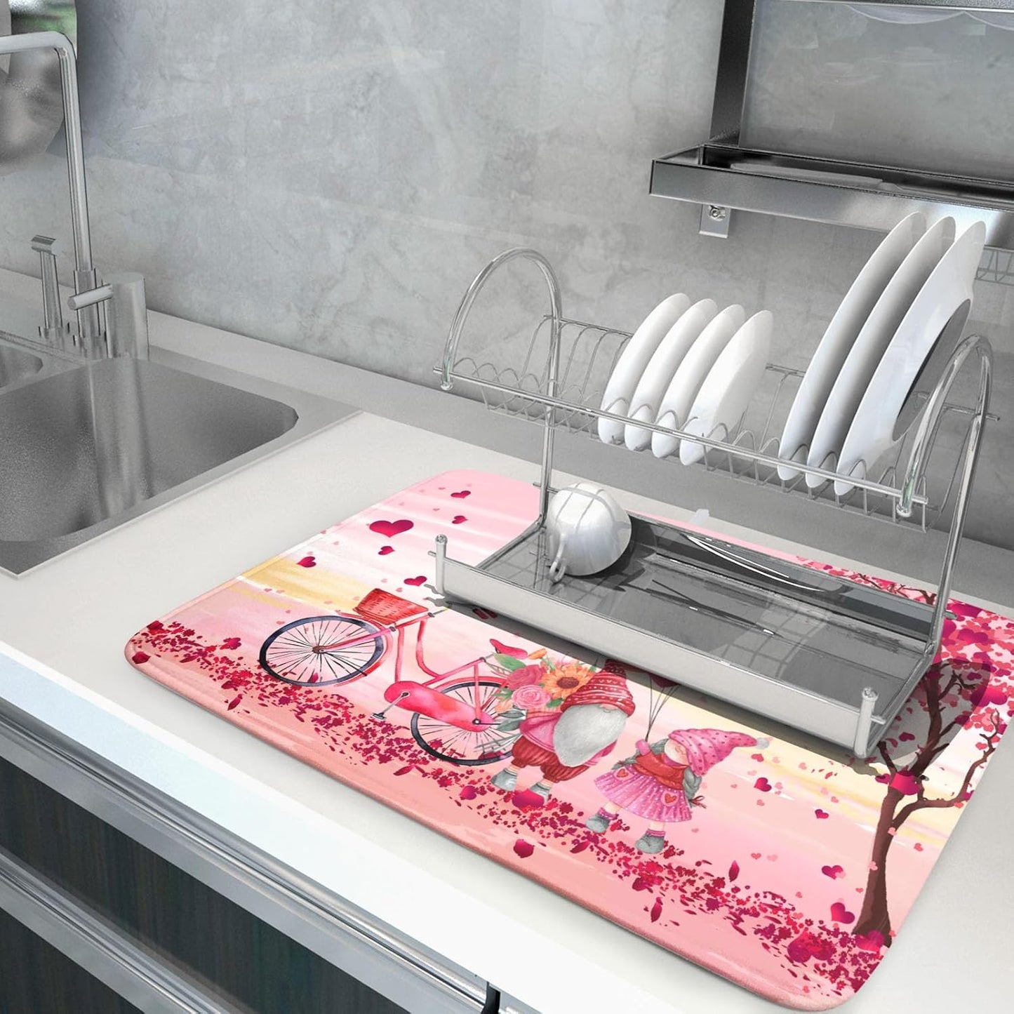 Pink Heart Valentine's Day Gnomes Dish Drying Mat for Kitchen Counter,Pink Bicycle Love Tree Drying Mat 18 x 24 Inch with Absorbent Reversible Microfiber Dish Drying Pad Dish Rack Pad for Coffee Bar