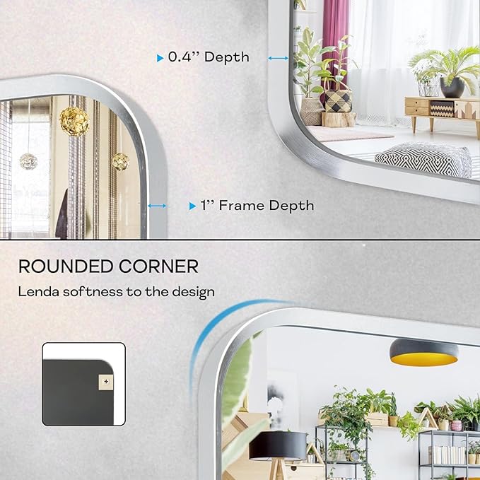 Wall Mount Mirror for Bathroom, Brush Silver Metal Framed Rounded Corner - Image 7
