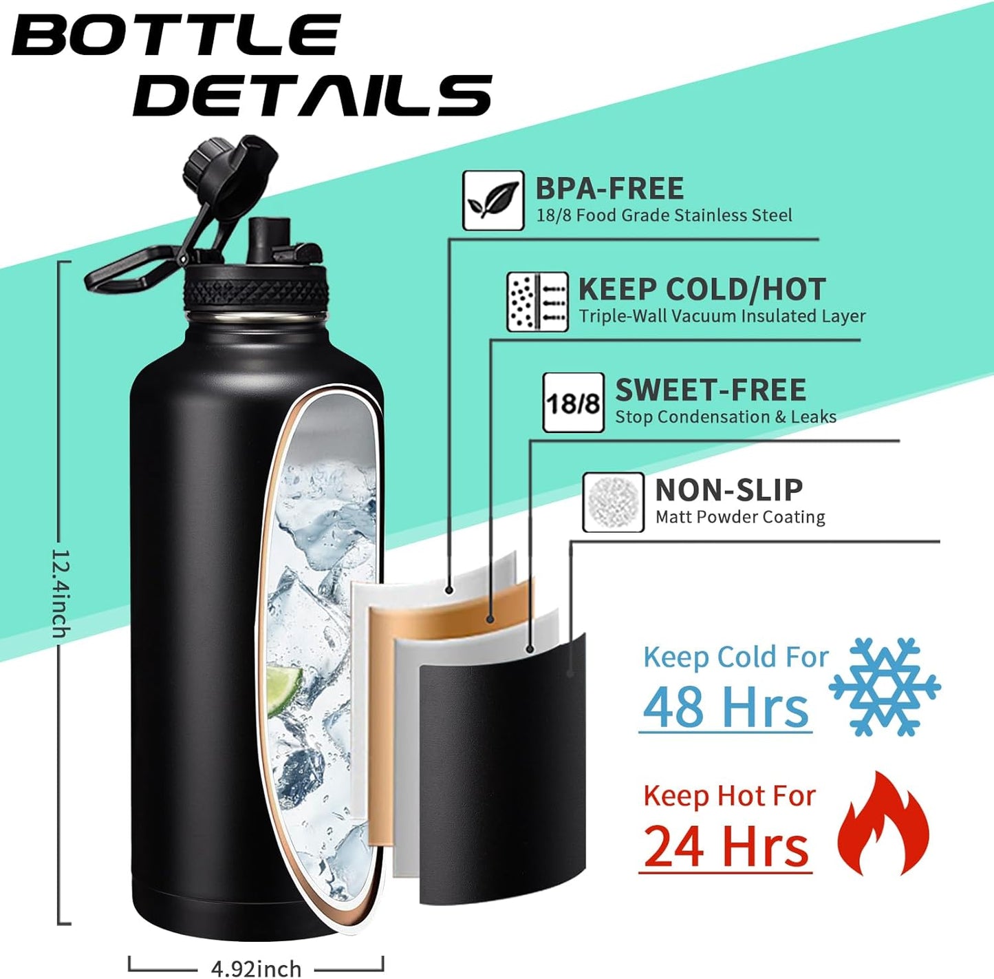 87oz 128oz Insulated Water Bottles - Keep Cold-48h Hot-24h Gallon Water Bottle with Straw, Vacuum Stainless Steel Water Flask Leak Proof, Metal Large Water Jug with Carrier Sleeve, Paracord Handle