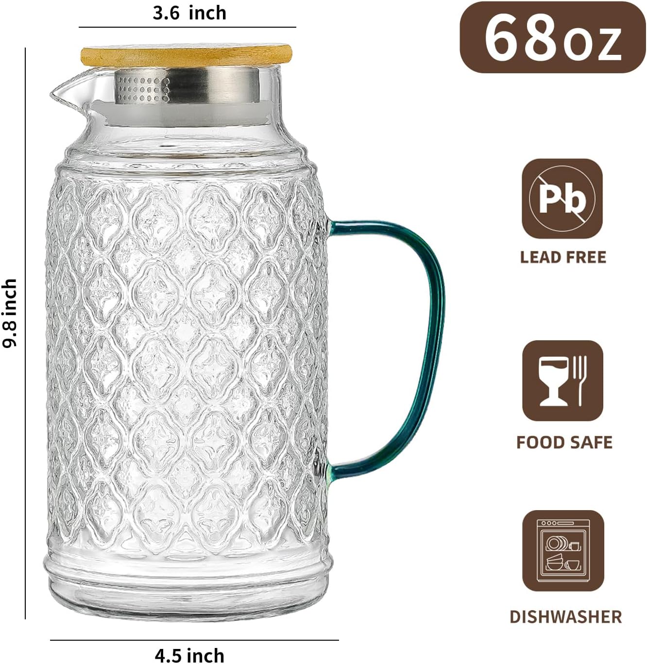 Glass Pitcher with Lid, 2 PACK 68 oz/2 Liter Vintage Water Pitcher With Serving Tray, Clear Borosilicate Glass Water Carafe for Cold Brew, Coffee, Lemonade, Iced Sun Tea,Beverage, Heat Resistant