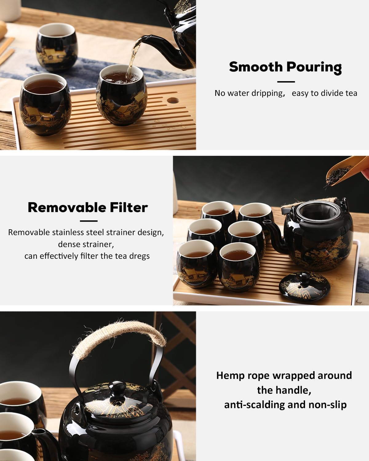 Dujust Japanese Tea Set, Black Porcelain Tea Set with 1 Teapot Set, 6 Tea Cups, 1 Tea Tray, 1 Stainless Infuser, Beautiful Asian Tea Sets for Adults, Tea Lover/Women/Men (Countryside in Golden)