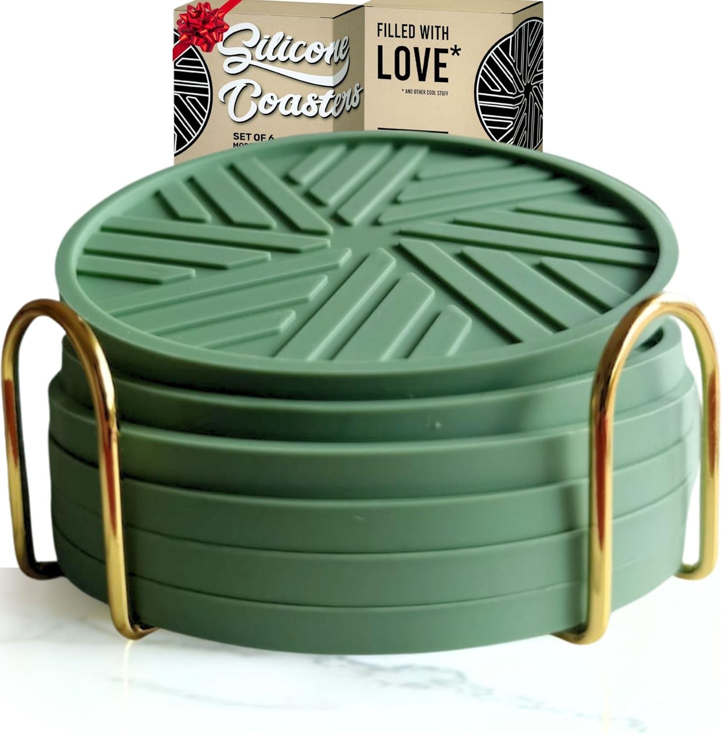 Silicone Coasters Set of 6 with Holder - Unique and Modern Pattern for Coffee Table Decor, Help to Prevents Liquid Dripping with ridges Design Durable and Aesthetic - Sage Green