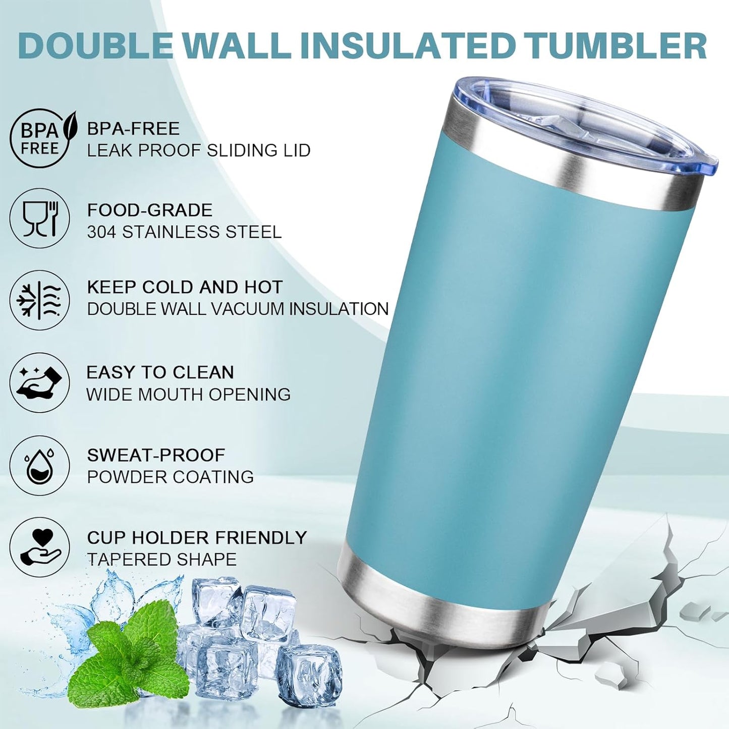 20oz Tumbler with Lid Double Wall Vacuum Insulated Travel Coffee Mug Stainless Steel Thermal Cup Powder Coated Sturdy Coffee Tumbler Bulk for Hot and Cold Beverage (Glacier blue,6)