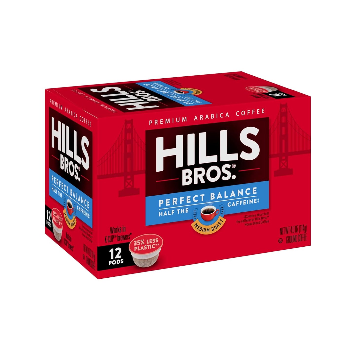 Hills Bros Single Serve Coffee Pods, Perfect Balance, Medium Roast Coffee, 12 Count-Keurig Compatible, Roasted Arabica Coffee Beans, Less Caffeine, Full-Body Flavor