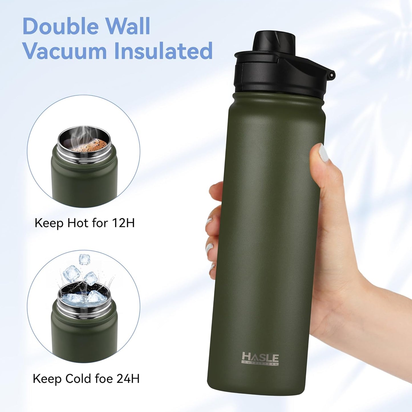 HASLE OUTFITTERS Insulated Water Bottle 22 oz Double Wall Stainless Steel Water Bottle Wide Mouth with Straw Lid & Spout Lid Keeps Cold or Hot(Army Green,8)