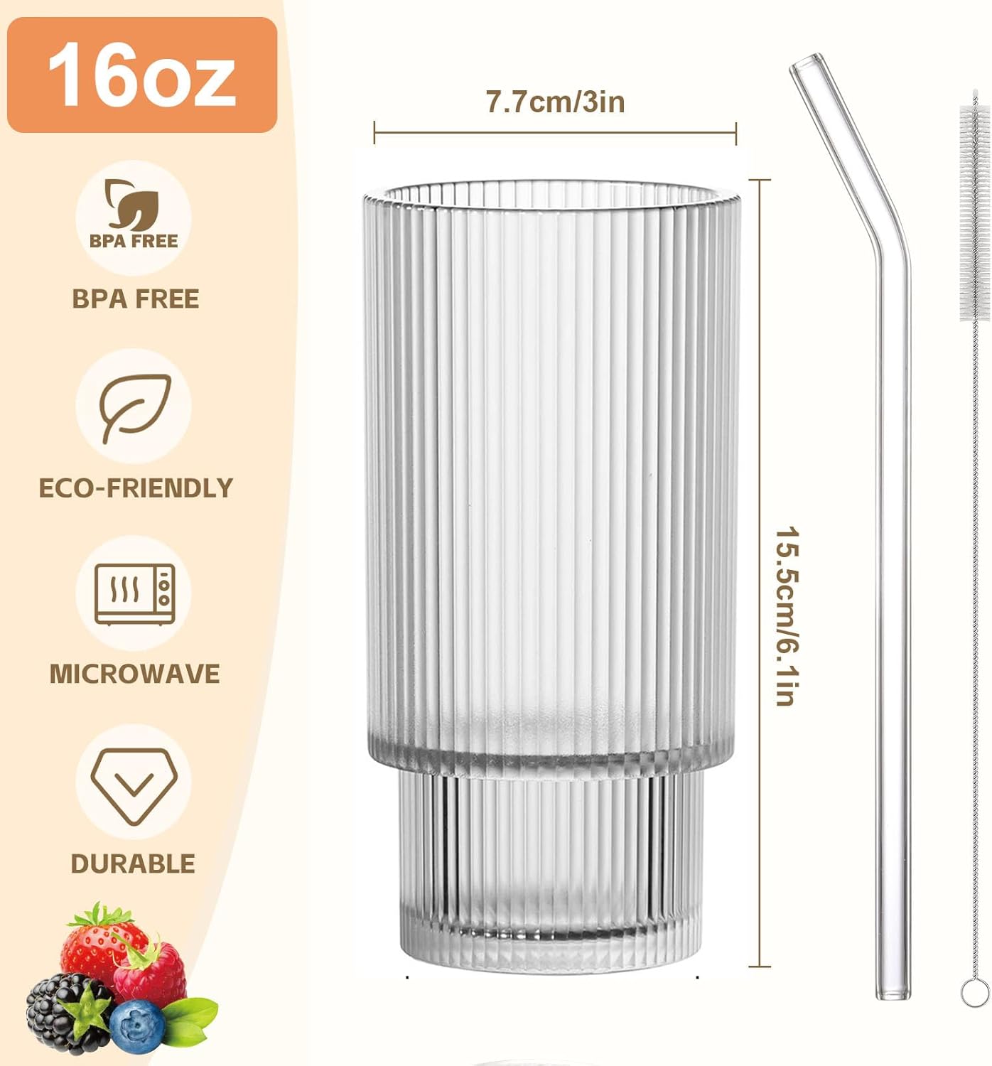 16OZ Ribbed Glass Cups with Lids and Straws,Iced Coffee Cups with Bamboo Lid,Vintage Glassware for Whiskey Cocktail Beer Fruit Juice Glasses Tumbler(4 Pack)