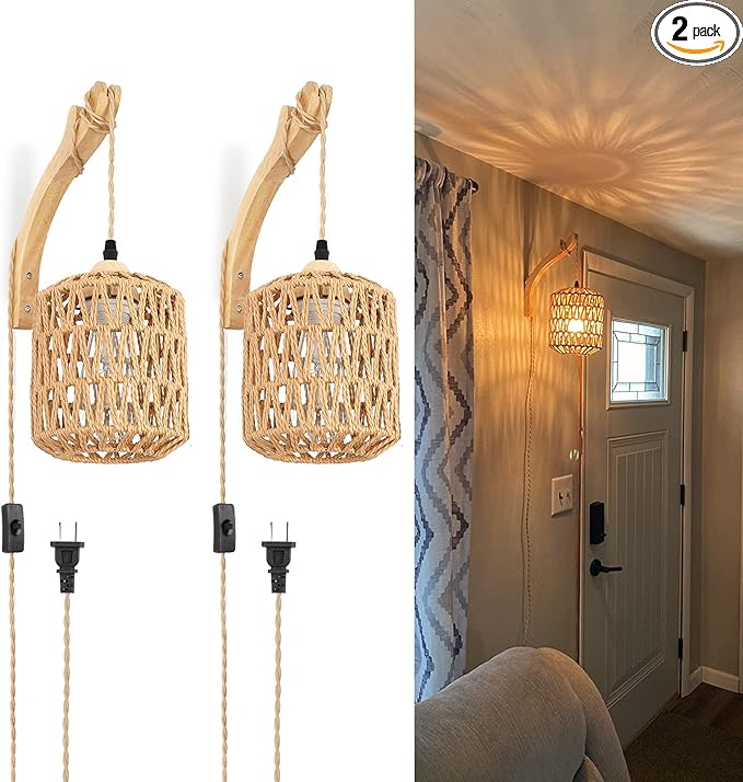 Frideko Plug in Wall Sconces Set of Two Hand Woven Lamp by FRIDEKOHOME