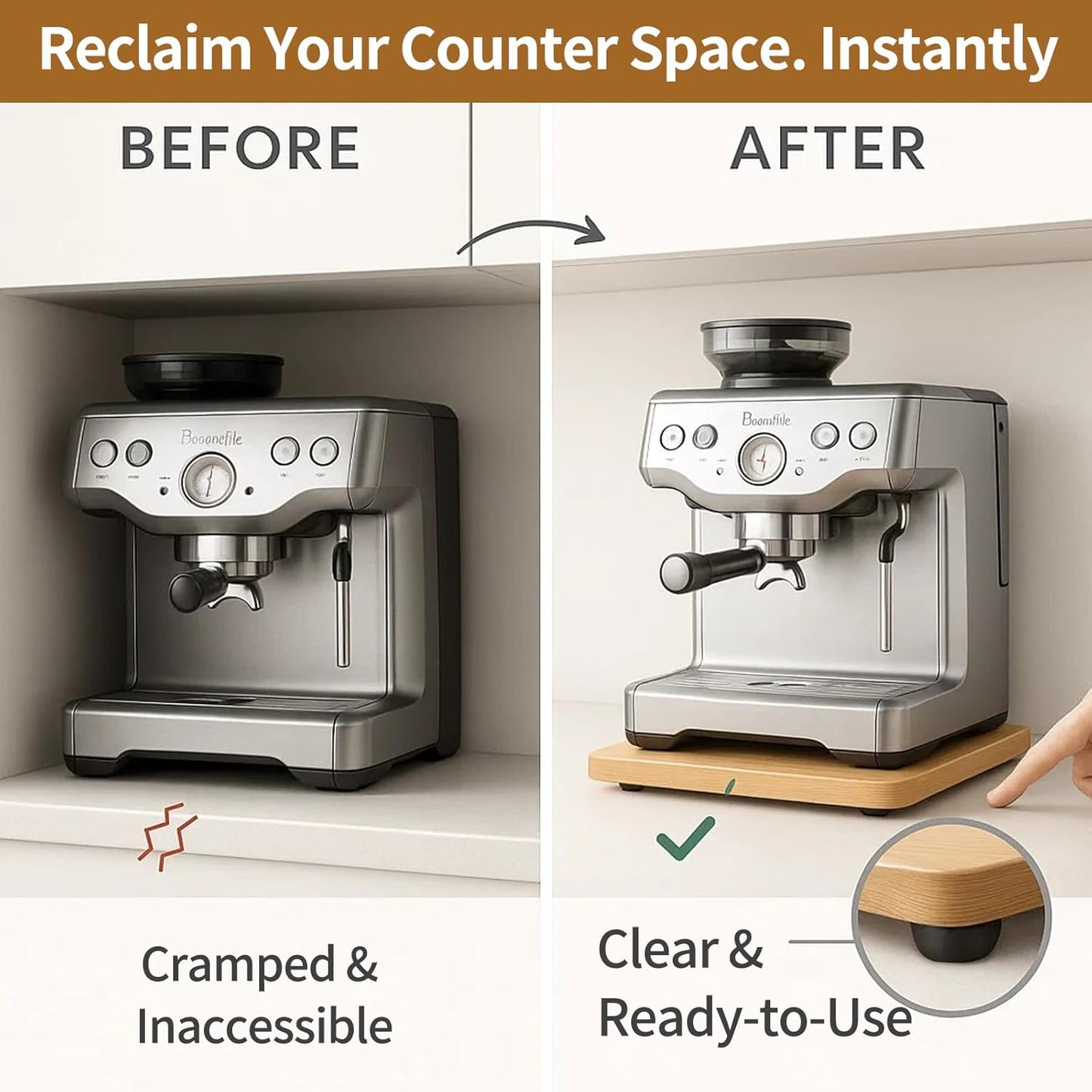 Sliding Tray for Coffee Maker, Appliance Slider Bamboo with Rubber Wheels for Heavy Kitchen Appliances, Coffee Pot Slider Tray for Countertop(14"D x 9.5"W)