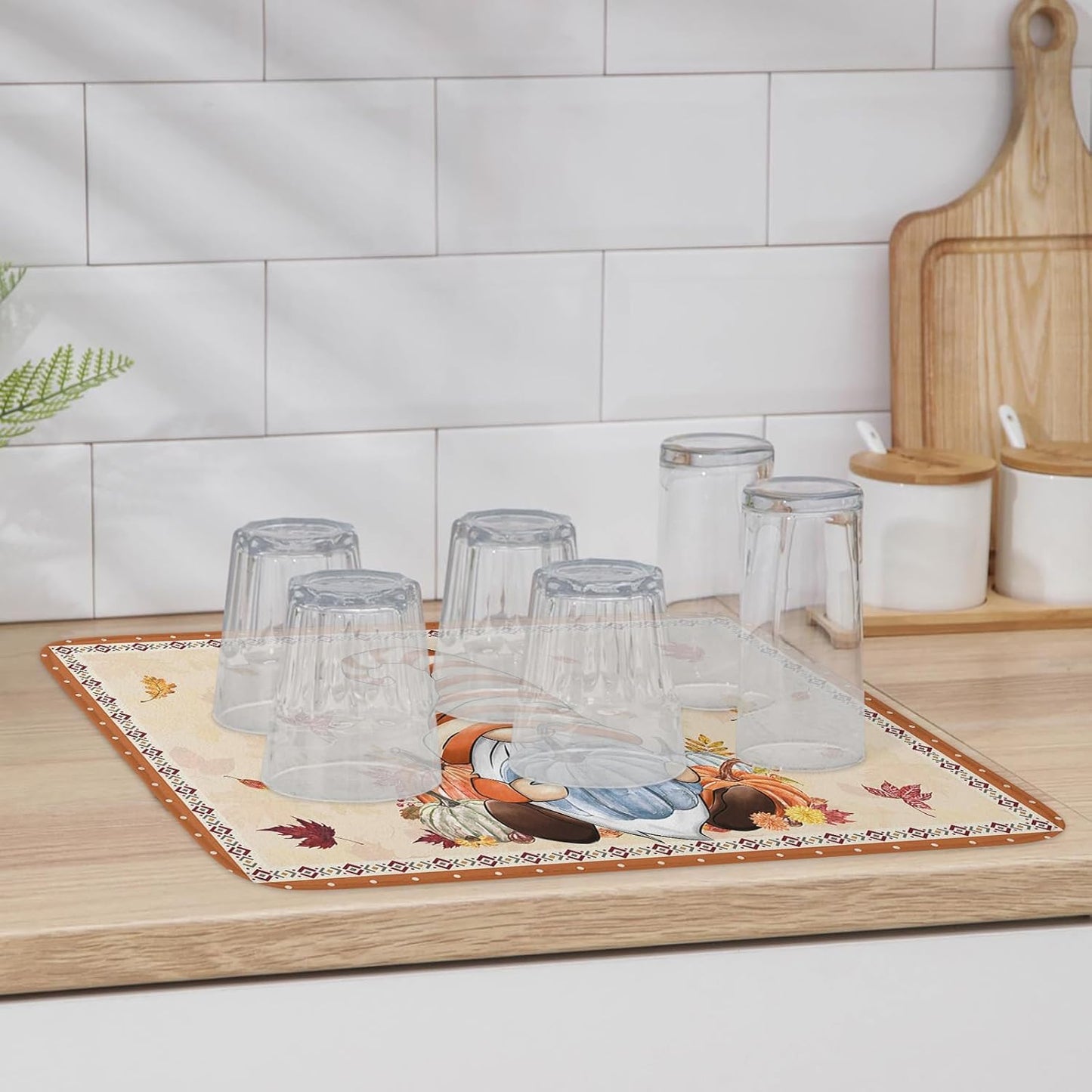 Fall Dish Drying Mat for Kitchen Counter Pumpkin Gnome Drying Pad Absorbent Drying Mats for Countertops Sinks Draining Racks Autumn Maple Leaves Drainer Holiday Harvest Thanksgiving Decorations 18x24