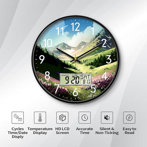 12'' Silent Non-Ticking Rustic Mountain Wildflowers Wall Clock, Battery - Image 2