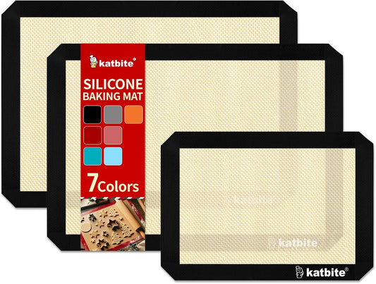 Katbite Silicone Baking Mat Colorful Collection - Set of 3: 2 Half Sheets Mats (11 5/8" x 16 1/2") + 1 Quarter Baking Sheet, Reusable & Nonstick Bakeware Mats for Cookies, Macarons, Bread (Black)