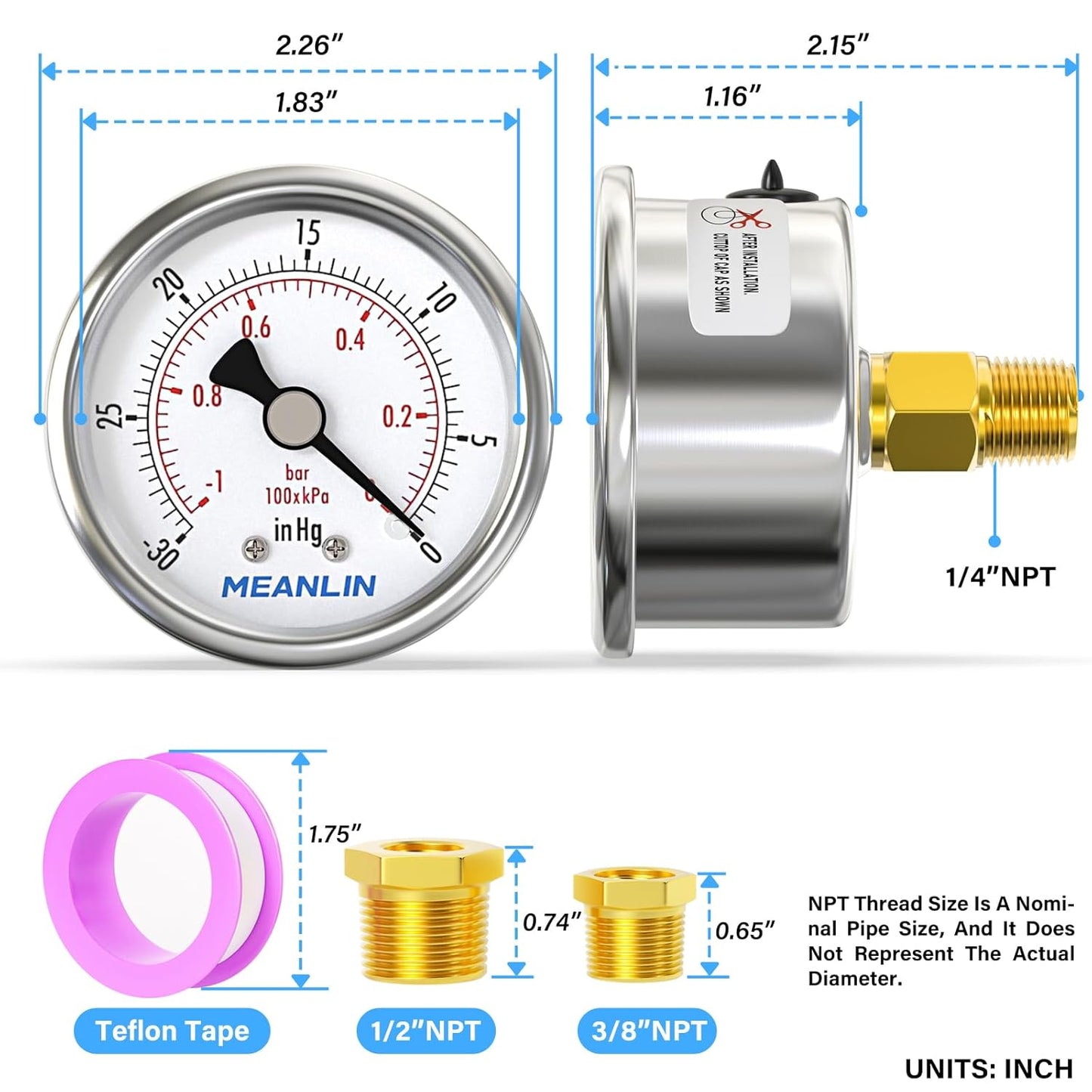 MEANLIN MEASURE -30inHG~0Psi Vacuum Gauge Stainless Steel 1/4" NPT 2" FACE DIAL Waterproof for Air Compressor HVAC Negative Pressure Hand Pump Pool Back Mount with 1/2" NPT and 3/8" NPT Hex Bushing