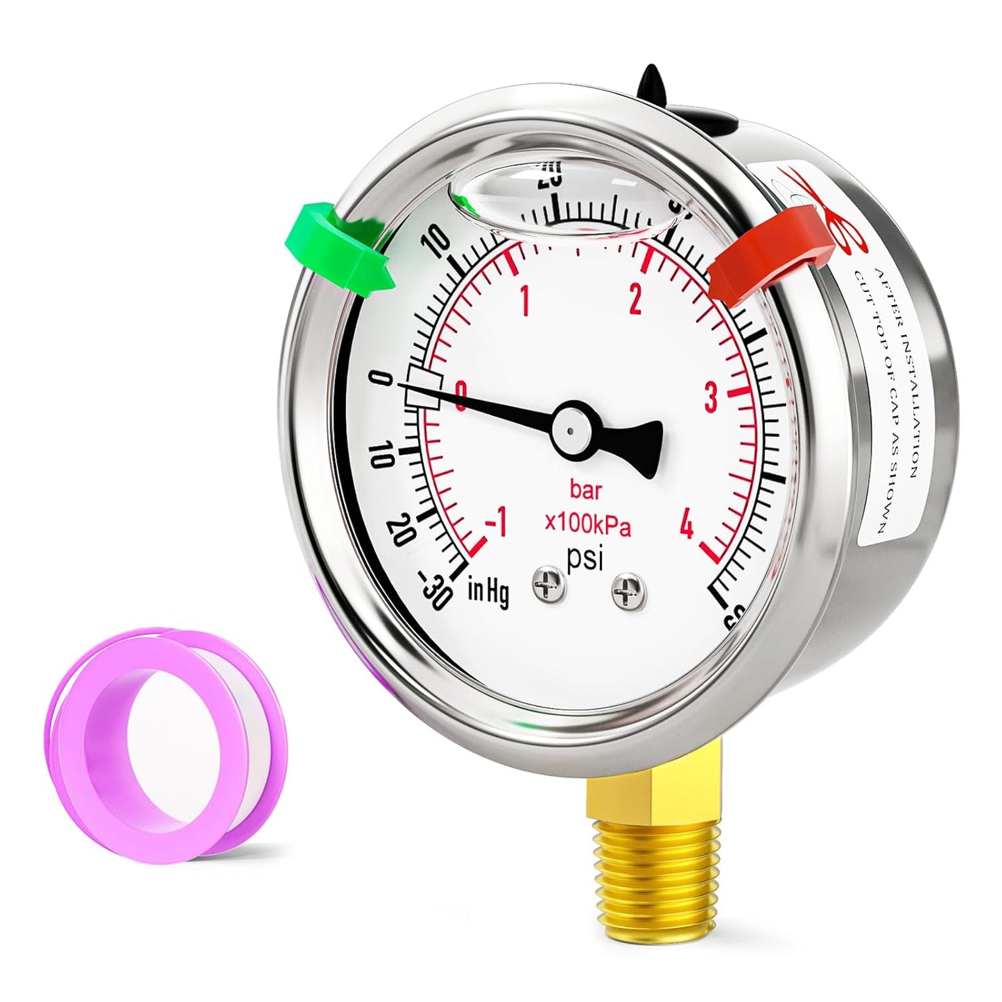 -30inHG-60psi Stainless Steel Glycerin Liquid Filled Vacuum Pressure Gauge 1/4" NPT 2.5" Face Dial Center Lower Mount, for Water, Oil and Air Pressure Testing (with Range Mark Pointer)