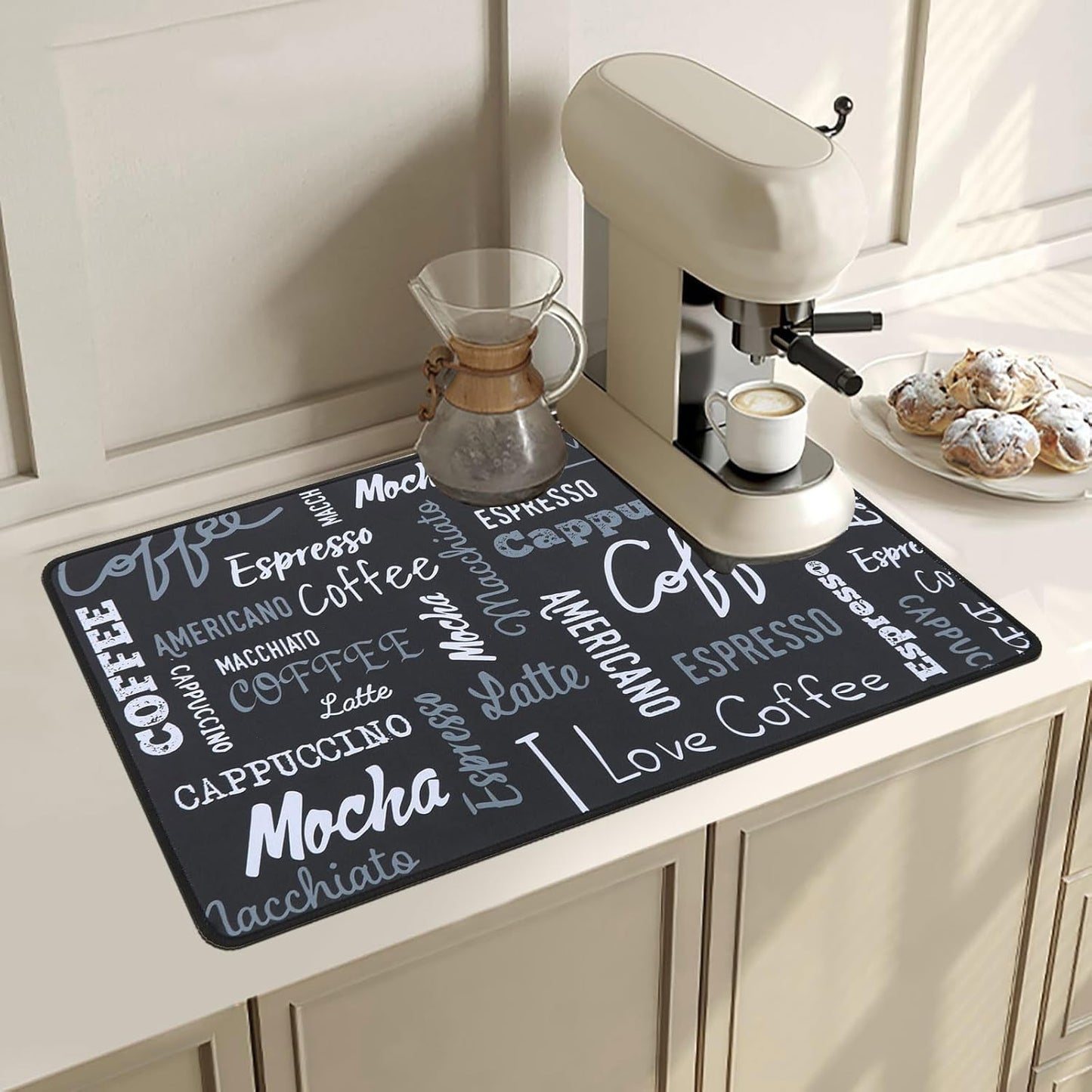 SHACOS Coffee Mat 2-Pack 12x19 Inch Absorbent Non Slip Coffee Maker Mats for Countertop Coffee Bar Accessories Dish Drying Mat Waterproof Heat Resistant, Chalkboard Black