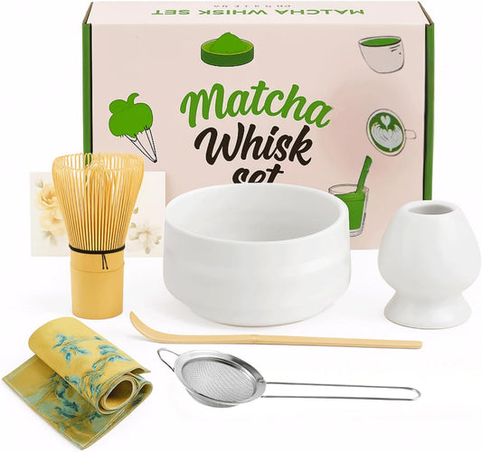 Matcha Whisk Set with Matcha Bowl, Matcha Bamboo Whisk, Scoop, Sifter, Matcha Whisk Holder Unique Gifts for Women Men Girl Friend Home Kitchen Decor Gifts for Christmas, Birthday, matcha kit
