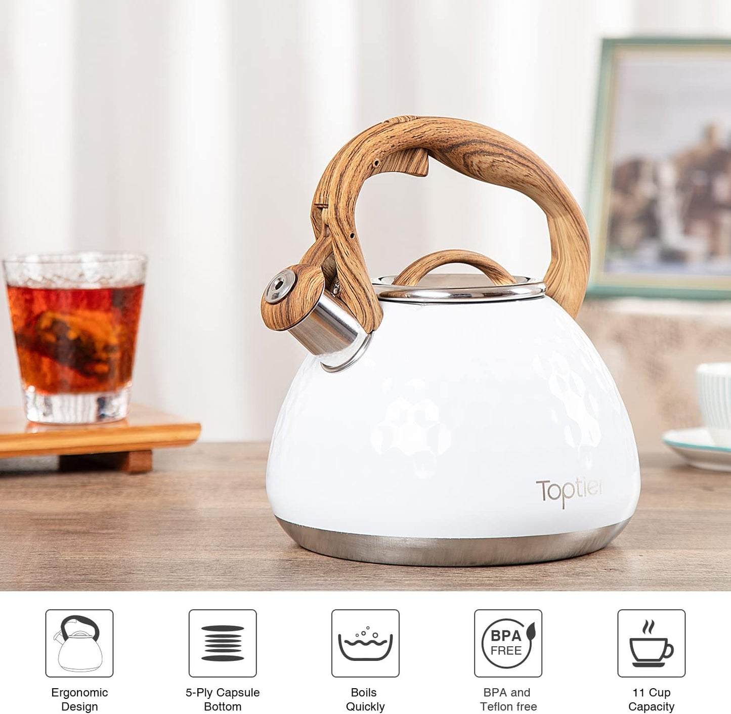 Tea Kettle, Toptier Teapot Whistling Kettle with Wood Pattern Handle Loud Whistle, Food Grade Stainless Steel Tea Pot for Stovetops Induction Diamond Design Water Kettle, 2.7-Quart White