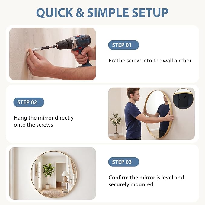 DUMOS 24-Inch Round Wall Mirror, Bathroom Wall Circle Mirror - Image 6