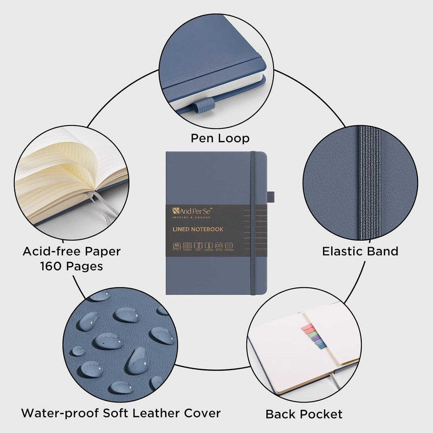 &And Per Se Lined Journal Notebook (10 Packs), 160 Pages, A5 5.7 x 8 inches College Ruled Thick Paper Notebook Journals for Writing, Hardcover Notebooks for Women Men Office School (Dark Blue)