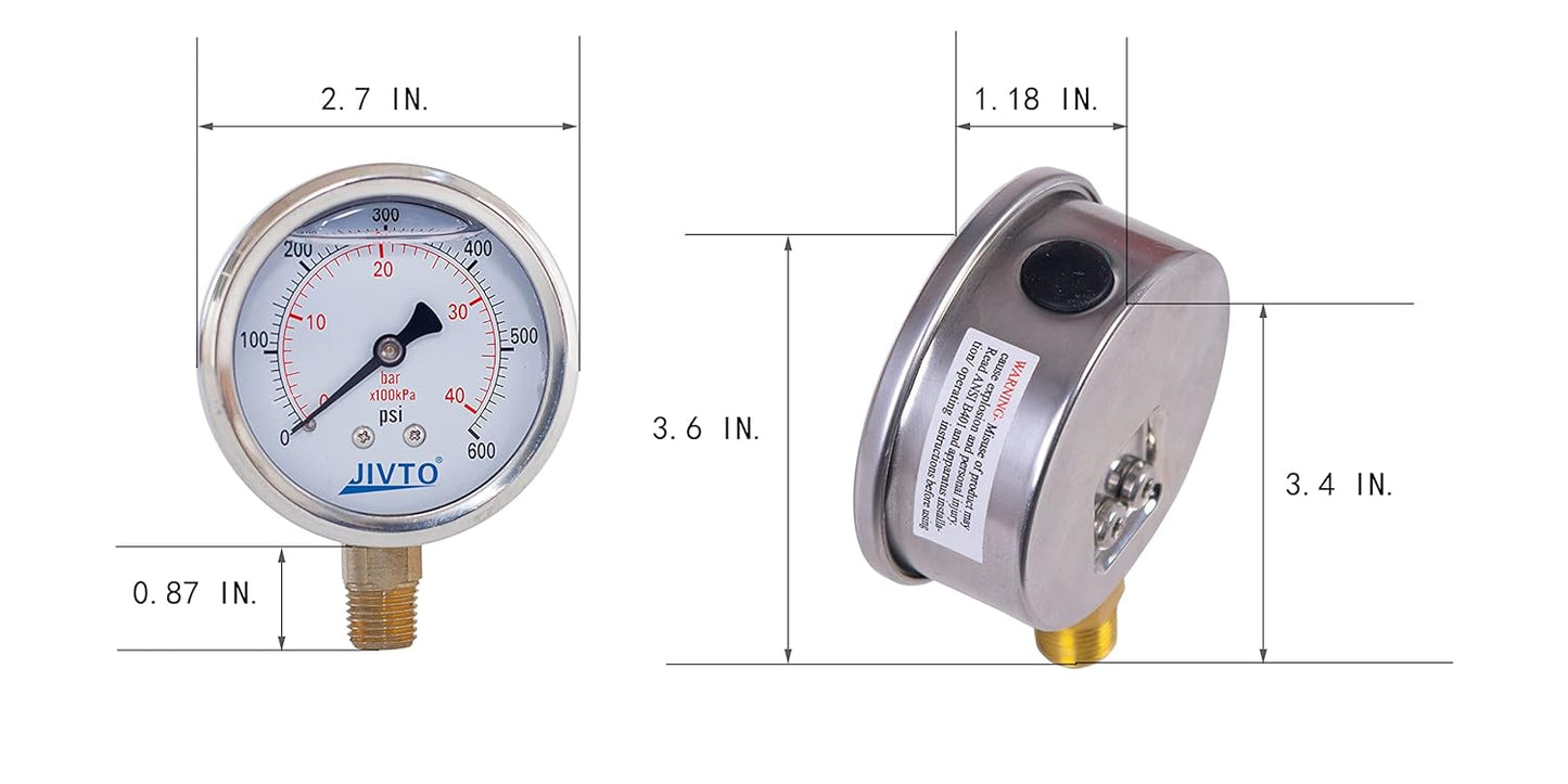 Pressure Gauge,Glycerin Liquid Filled,2.5" Dual Scale Dia,0-600 psi/bar/kpa,1/4" NPT Male Brass Connection,Lower Mount, Stainless Steel Case,for Pneumatic,Pump,Hose,Well Tank,Gas Air Water Oil
