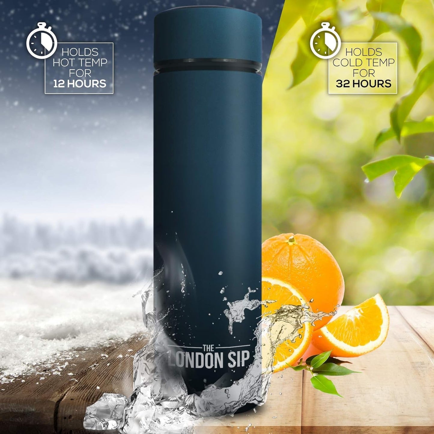 London Sip Multi-Purpose Travel Mug and Tumbler Fruit Infused Flask Hot and Cold Double Wall Stainless Steel Thermos with Extra-Long Infuser, Midnight Teal, Pack of 2