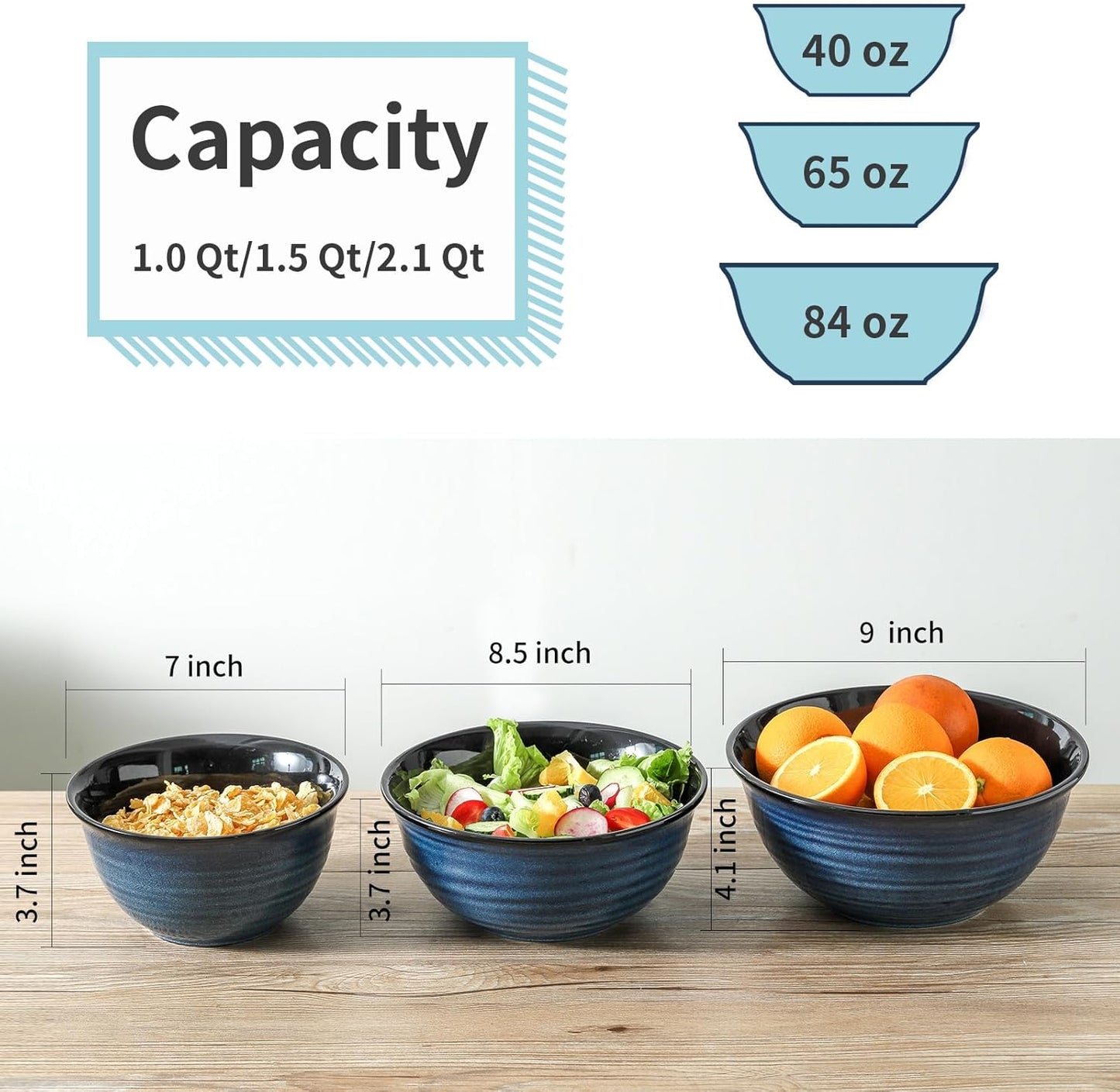 Ceramic Mixing Bowls,Large Serving Bowls 2.1/1.5/1.0 Qt,Salad Bowls Set of 3 for Kitchen Space Saving Storage,Nesting Bowls for Popcorn,Soup,Fruit, Microwave & Dishwasher Safe,Navy Blue