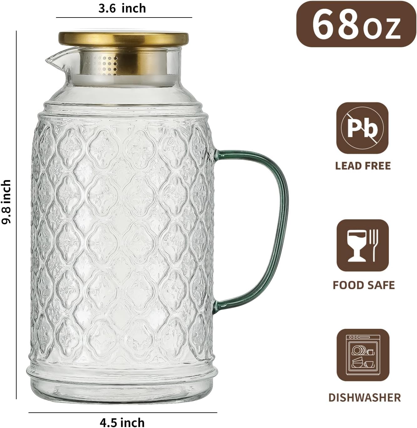 Glass Pitcher with Lid, 2 PACK 68 oz/2 Liter Vintage Water Pitcher, Clear Borosilicate Glass Water Carafe for Cold Brew, Coffee, Lemonade, Iced Sun Tea,Beverage, Milk, Heat Resistant