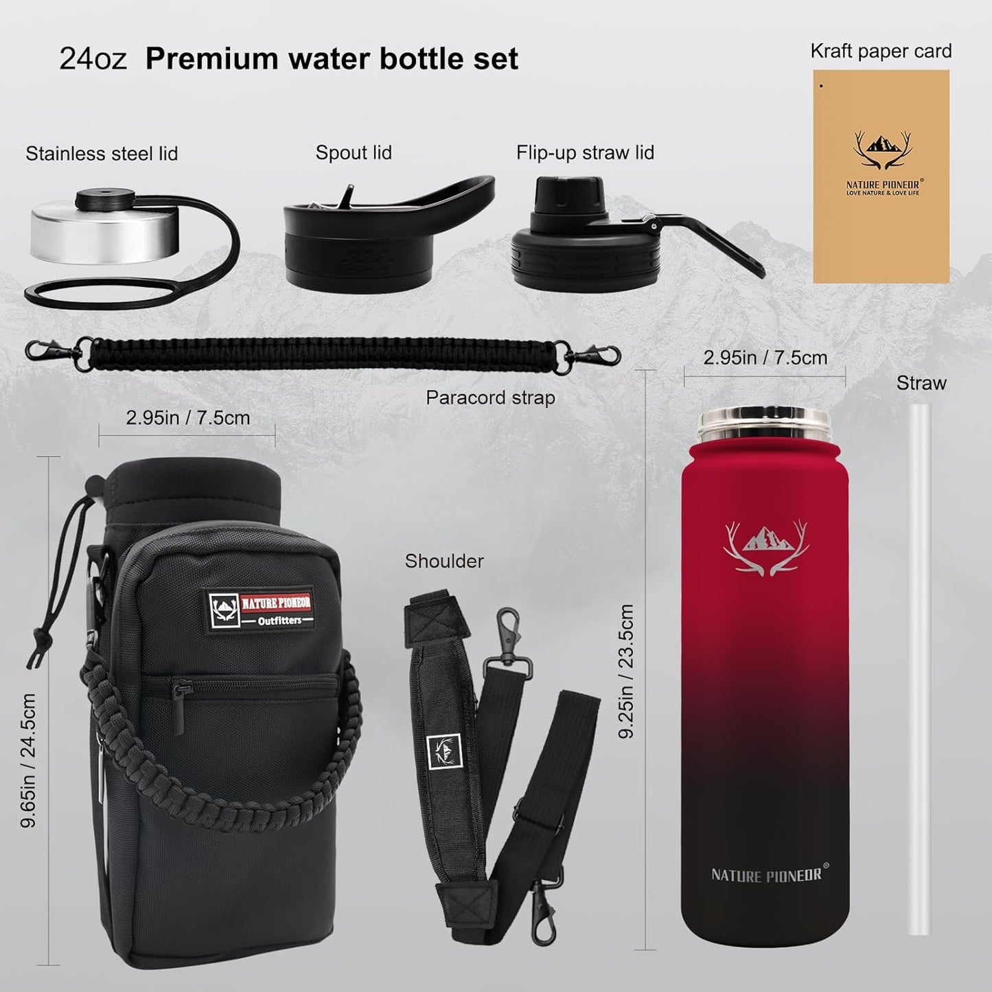 NATURE PIONEOR Insulated Water Bottles with Straw - 24oz Stainless Steel Vacuum Bottle with Holder/Carrier/Sleeve - Reusable 18/8 Food Grade 24 oz Water Jug