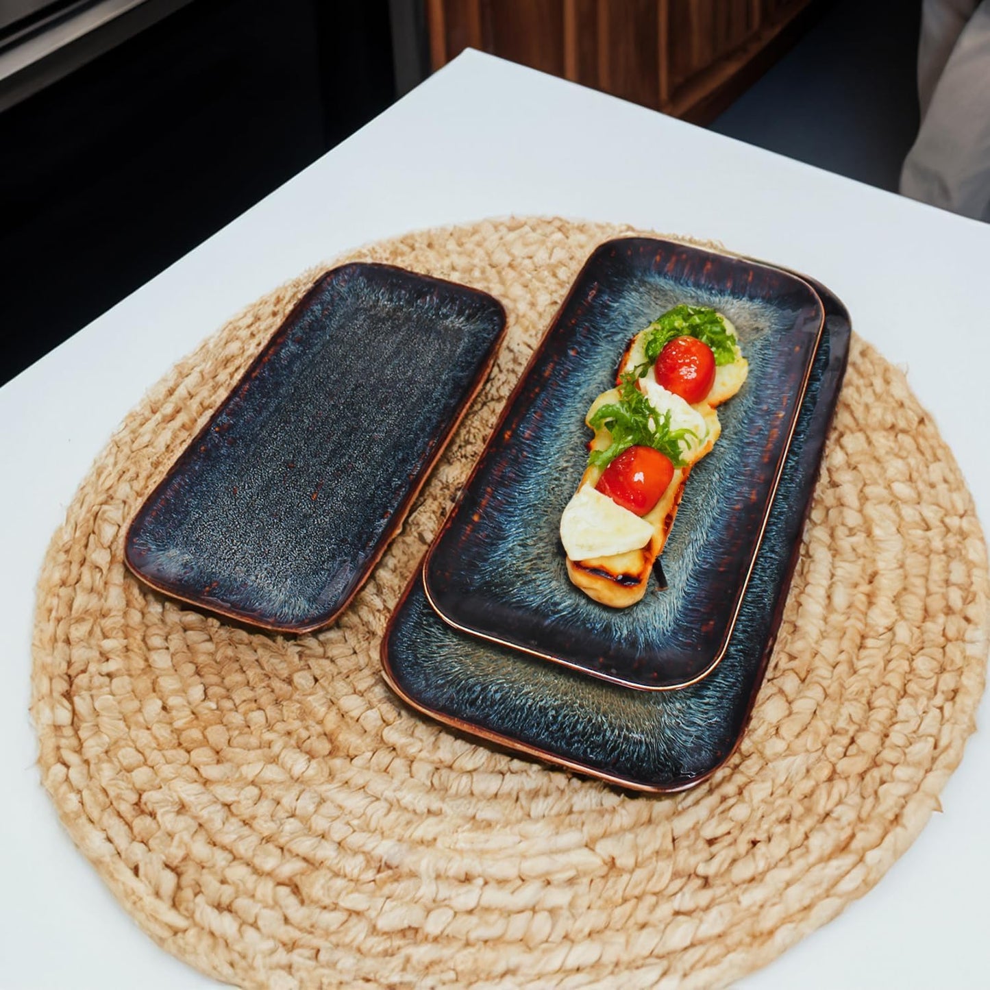 Porcelain Dinner Plates Platters Set of 2, for Fruit, dessert, snack platter, Bread, cupcake, Salad - Microwave, Dishwasher Safe, Scratch Resistant durable, Black Reactive glaze