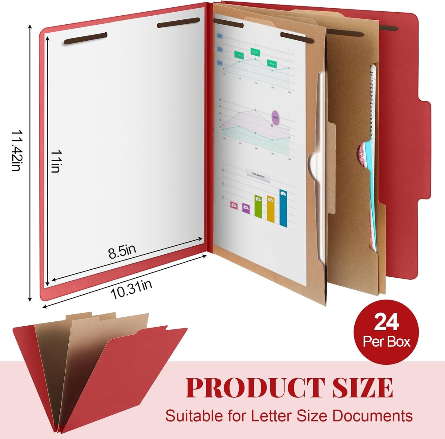 24 Pcs Classification Folders Letter Size, Back to School Supply for Teacher, Student, 2 Pocket Dividers Pressboard File Folder Bulk with 2 Fasteners, 2 in Expanding File Organizer (Red)