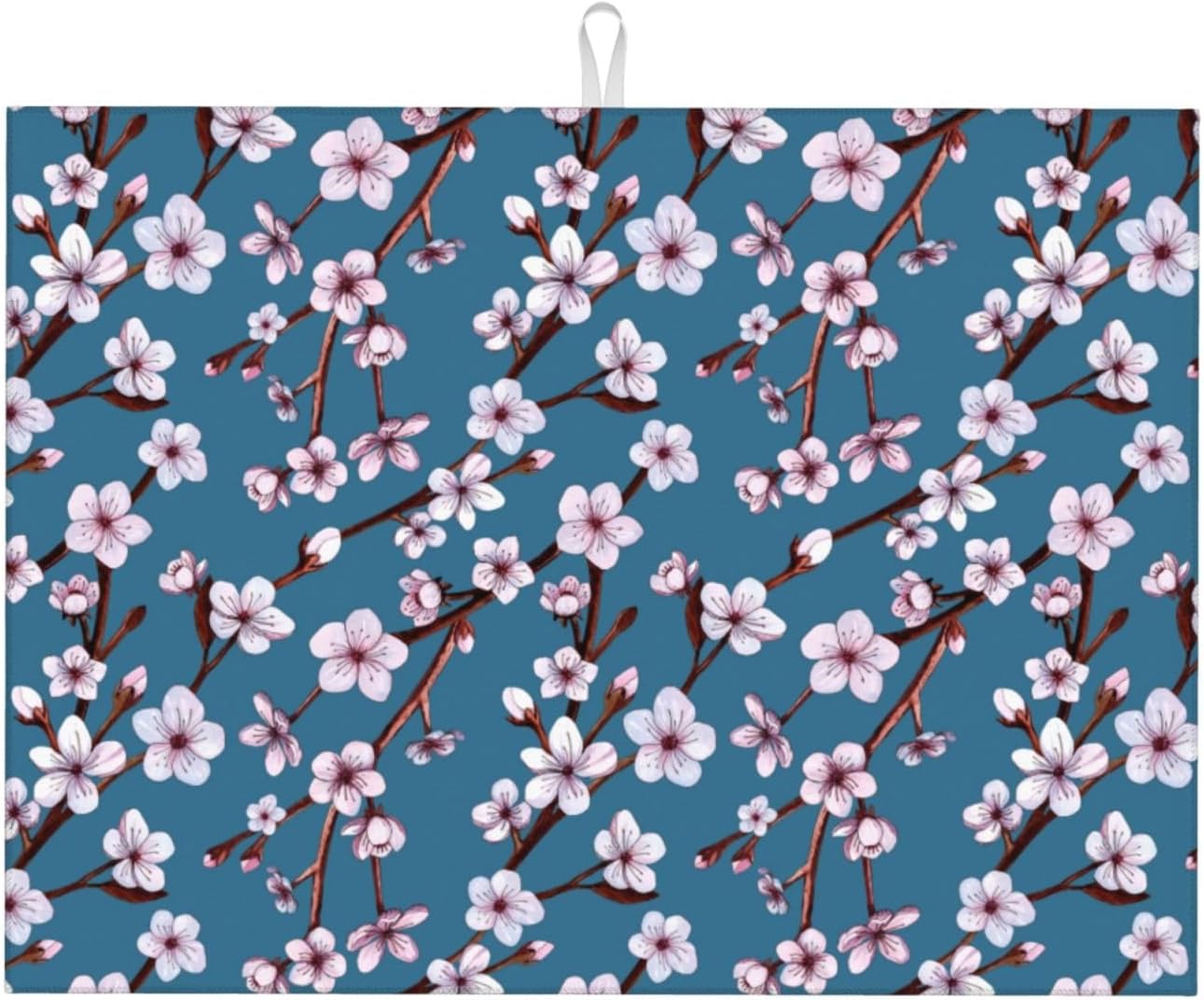 Cherry Blossom Dish Drying Mat, Branch Floral Microfiber Absorbent Drying Mats Reversible Kitchen Countertop Protector Dishes Drainer Rack Pad 18x24 Inch (Blue)