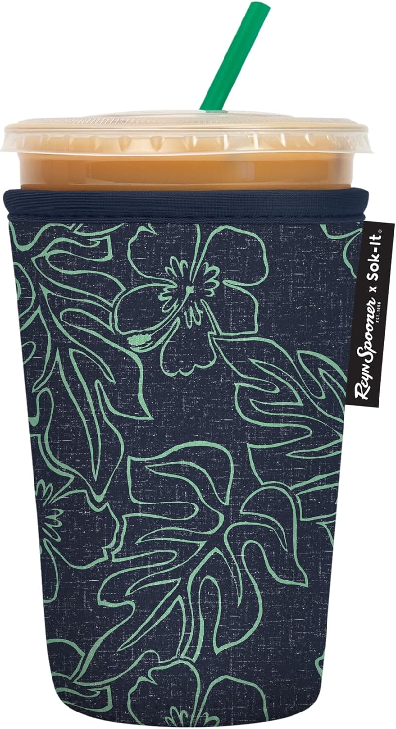 Sok It JavaSok Iced Coffee & Cold Soda Insulated Neoprene Cup Sleeve (Reyn Spooner Monstera Ink, Medium: 22-28oz)