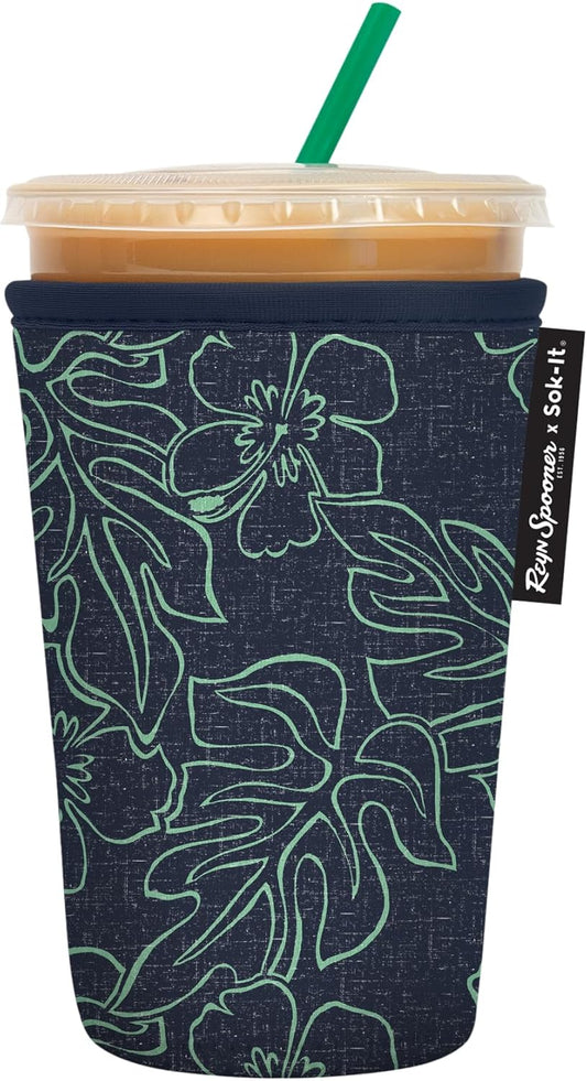 Sok It JavaSok Iced Coffee & Cold Soda Insulated Neoprene Cup Sleeve (Reyn Spooner Monstera Ink, Medium: 22-28oz)
