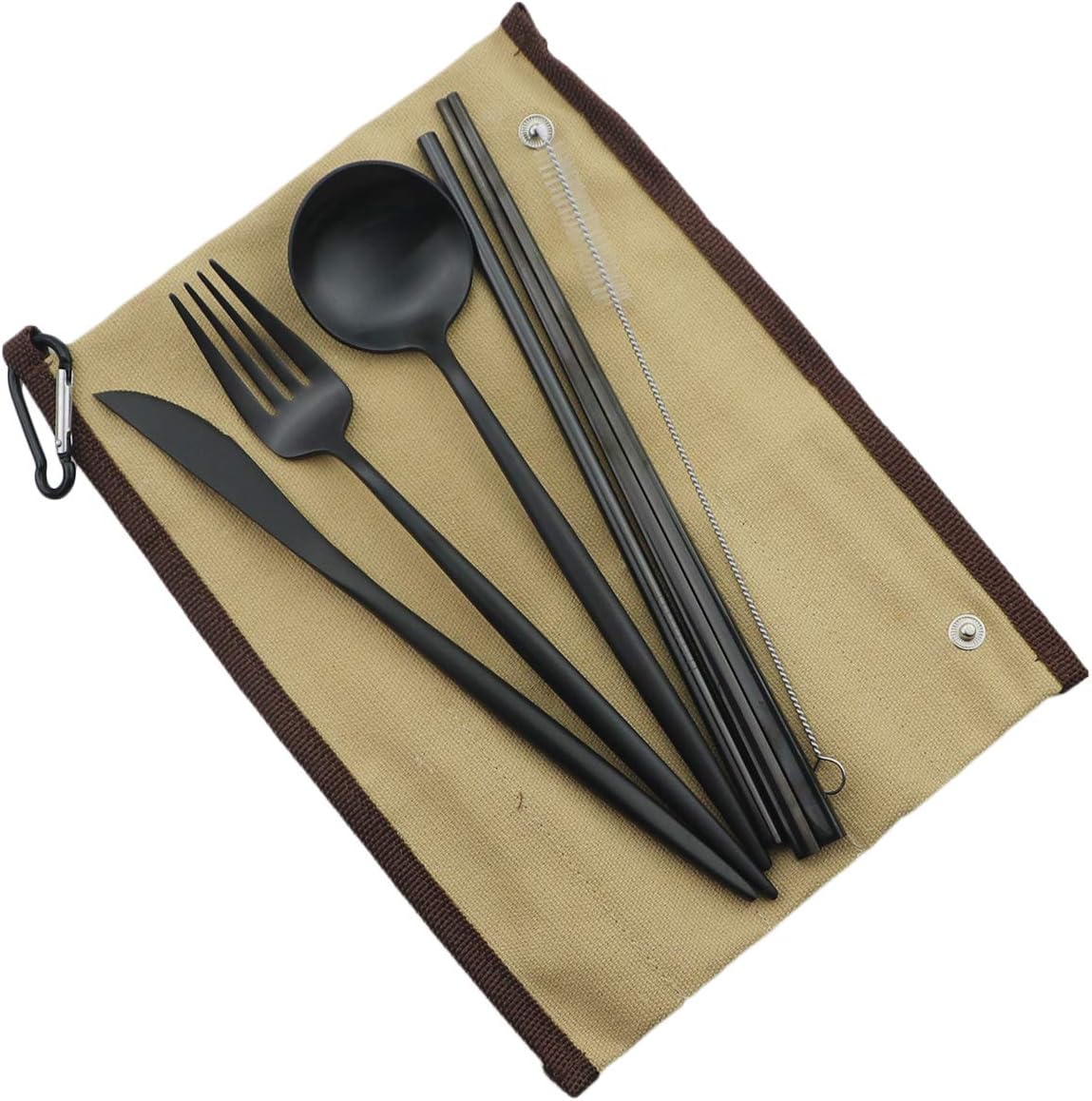 Gugrida Reusable Travel Utensils, 7 Piece Portable 304 Stainless Steel including Knife Fork Spoon Chopsticks Cleaning Brush Straws Portable Pouch, Eco-friendly Camping Silverware Set, Dishwasher Safe