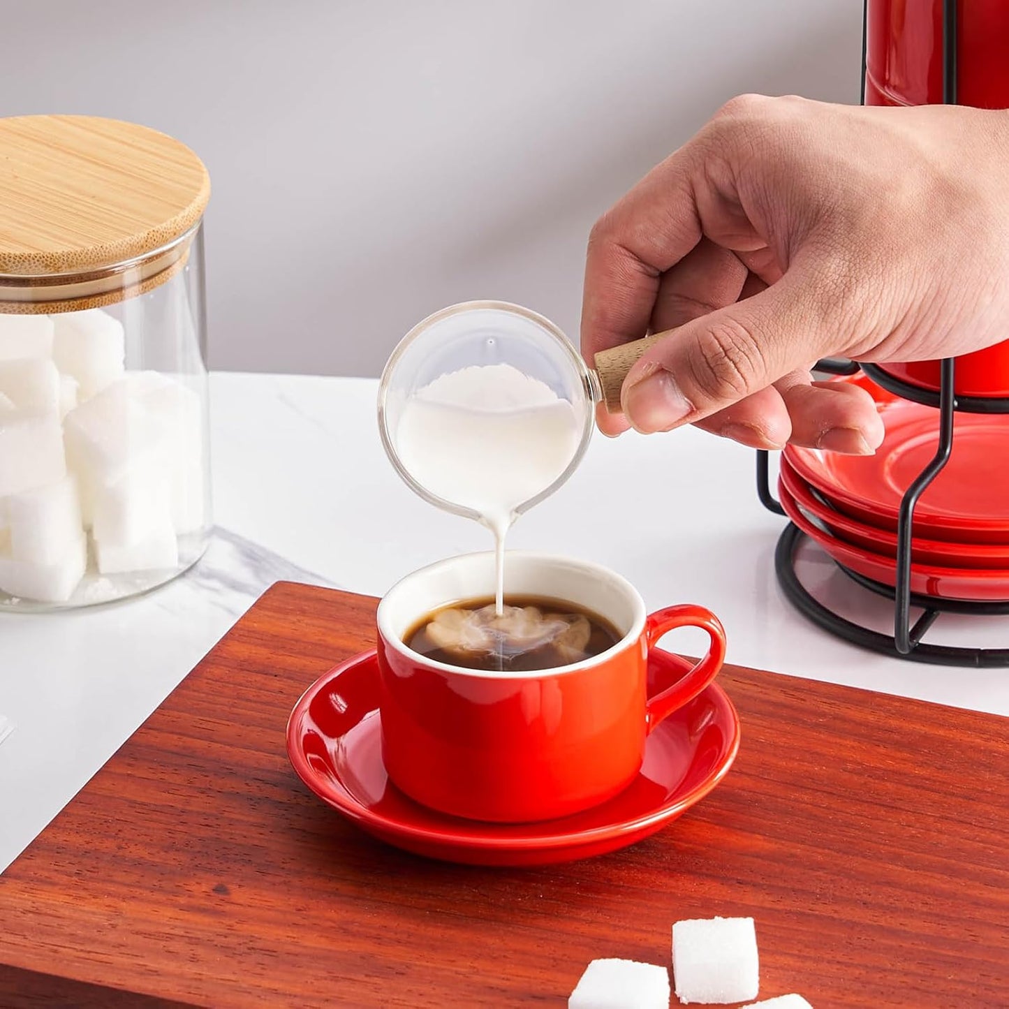 2.5oz Porcelain Stackable Espresso Cups with Saucers and Metal Stand Set of 4, Stackable Cappuccino Cups, Red Expresso Shots Cup Set for Coffee Drinks, Latte, Tea