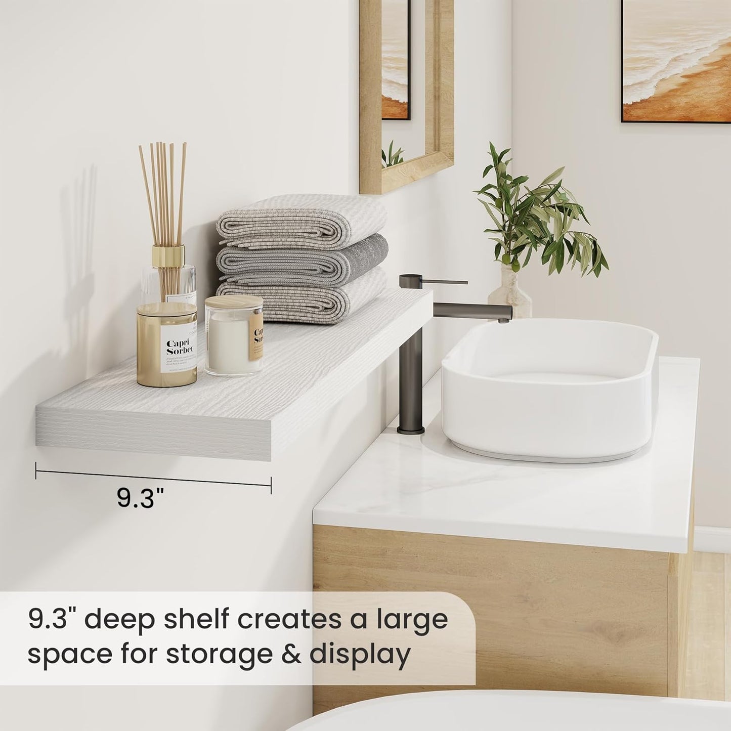 Fun Memories 32 Inch Floating Shelves for Wall, 9 Inch Deep White Rustic Wood Wall Mounted Shelves for Bathroom, Bedroom, Living Room, Set of 2