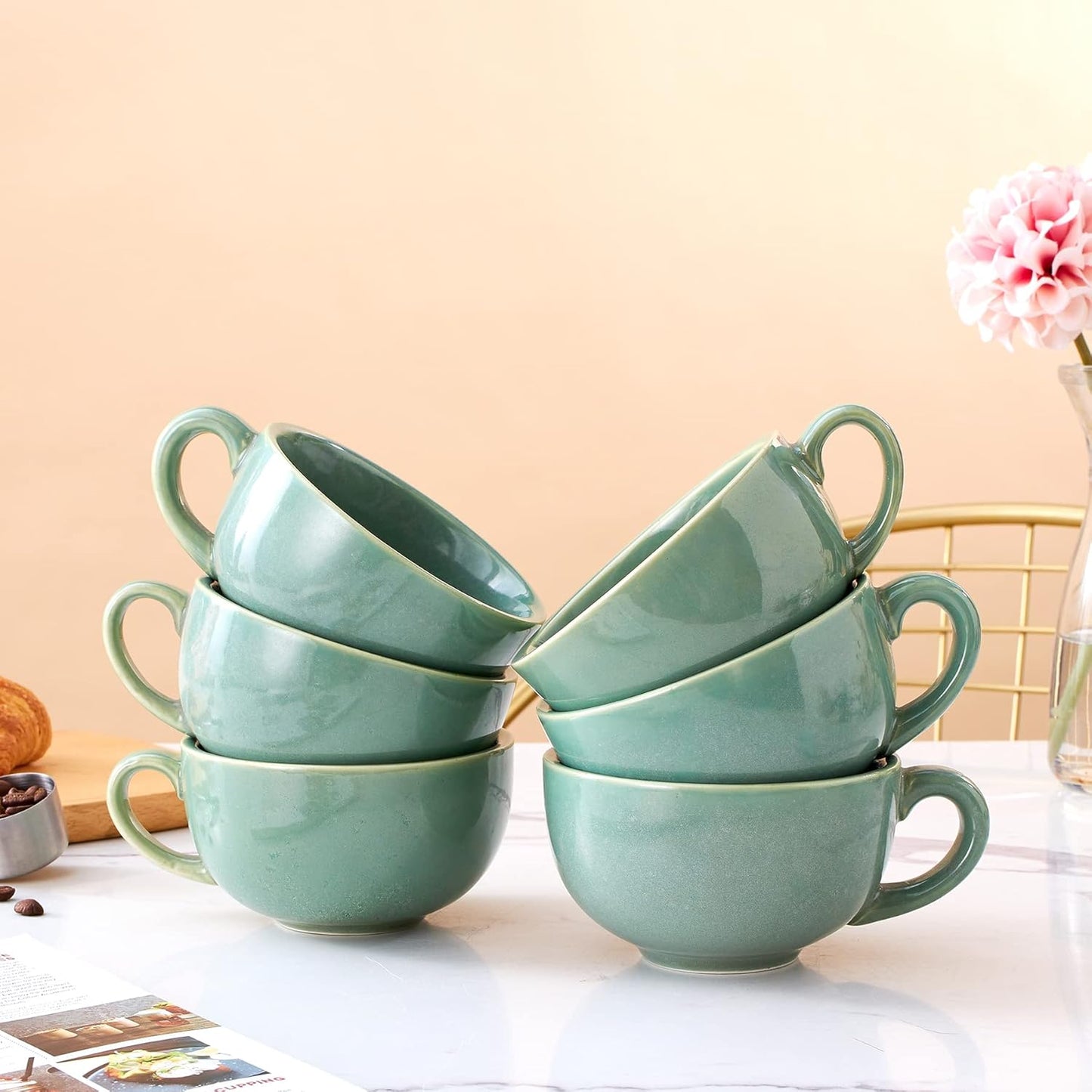 Set of 6 Cups Vintage Design 12 oz Professional Barista Ceramic Latte Art Cappuccino Cups Set (Green * 6)