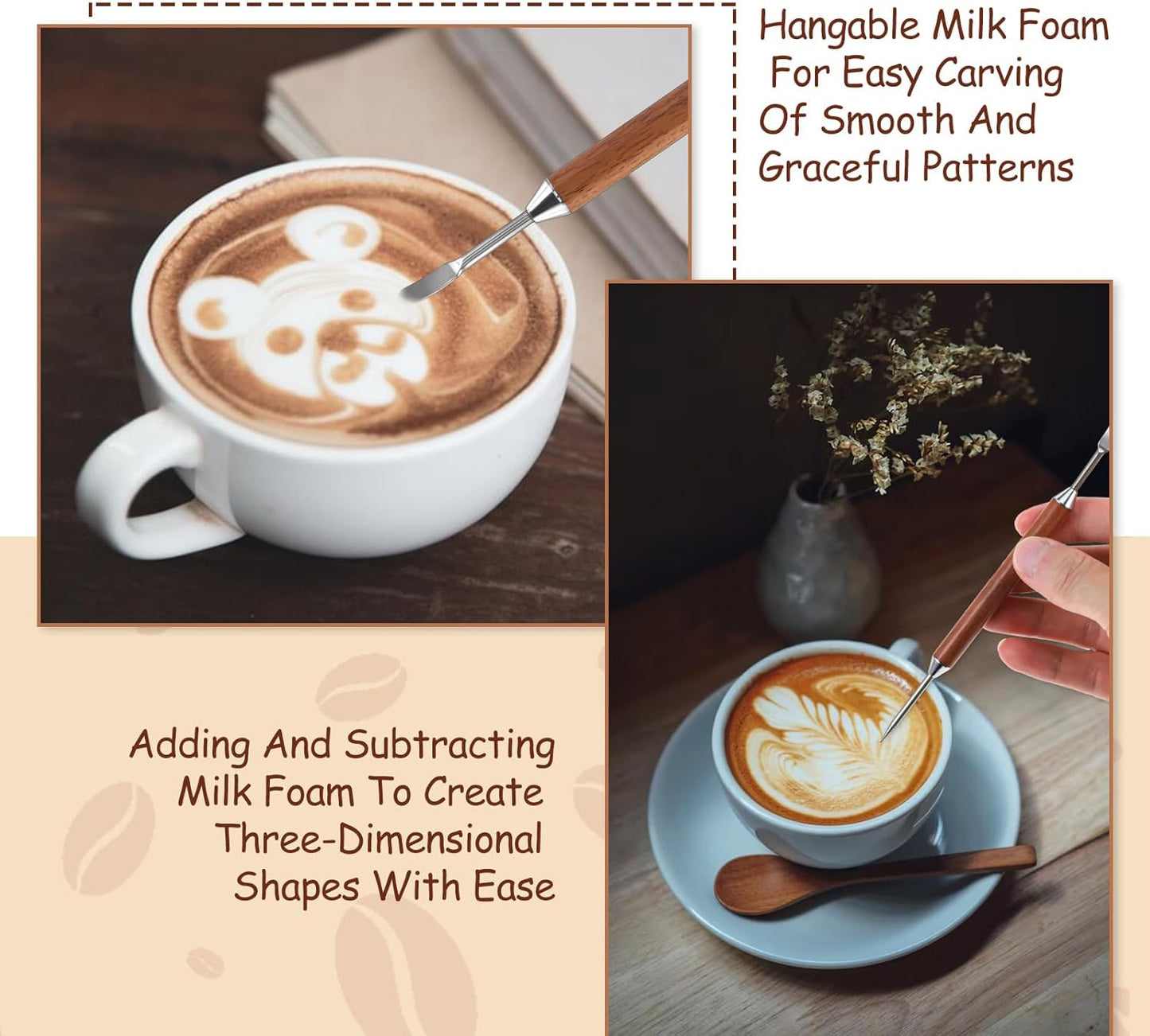 3 Pack Latte Art Pen, Coffee Drawing Tool with Wood Handle, Stainless Steel Double-Ended Barista Accessories for Espresso Designs, Home and Cafe Use