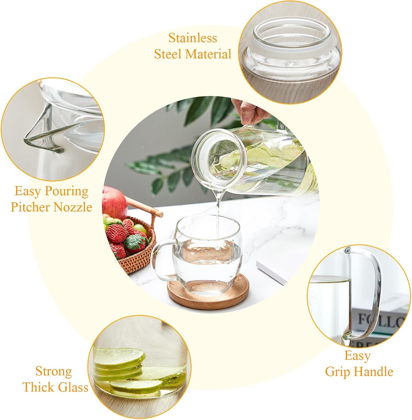 Hsei 2 Sets Glass Pitcher with Lid, 67.6 oz / 2000 ml Water Carafe with Handles Hot Cold Beverage Water Jar Glass Jug for Tea Juice Milk Coffee Iced Beverage (Glass Lid)