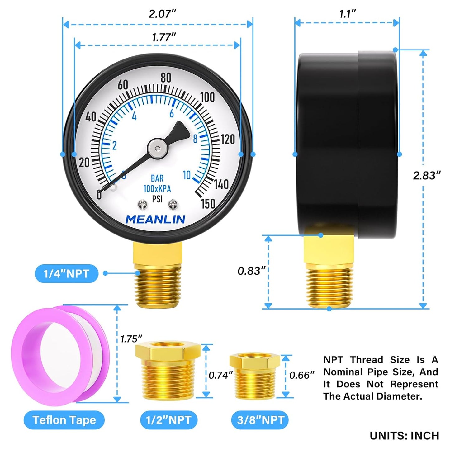 MEANLIN MEASURE 0-150Psi 2" DIAL FACE 1/4" NPT Well Pump Pressure Gauge, with 1/2" NPT and 3/8" NPT Hex Bushing, 3-2-3% Accuracy, Lower Mount