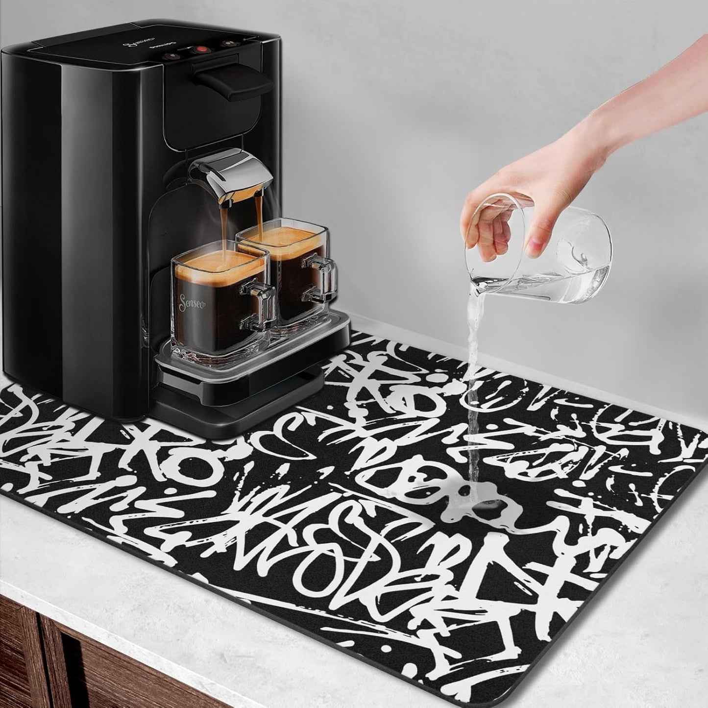 Arttown Coffee Mat for Countertops, Graffiti Abstract Letters Old School Black Dish Drying Mat 2 Pcs for Kitchen Bar Accessories, Coffee Maker Espresso Machine Dish Rack Hide Stain Rubber 12x19in