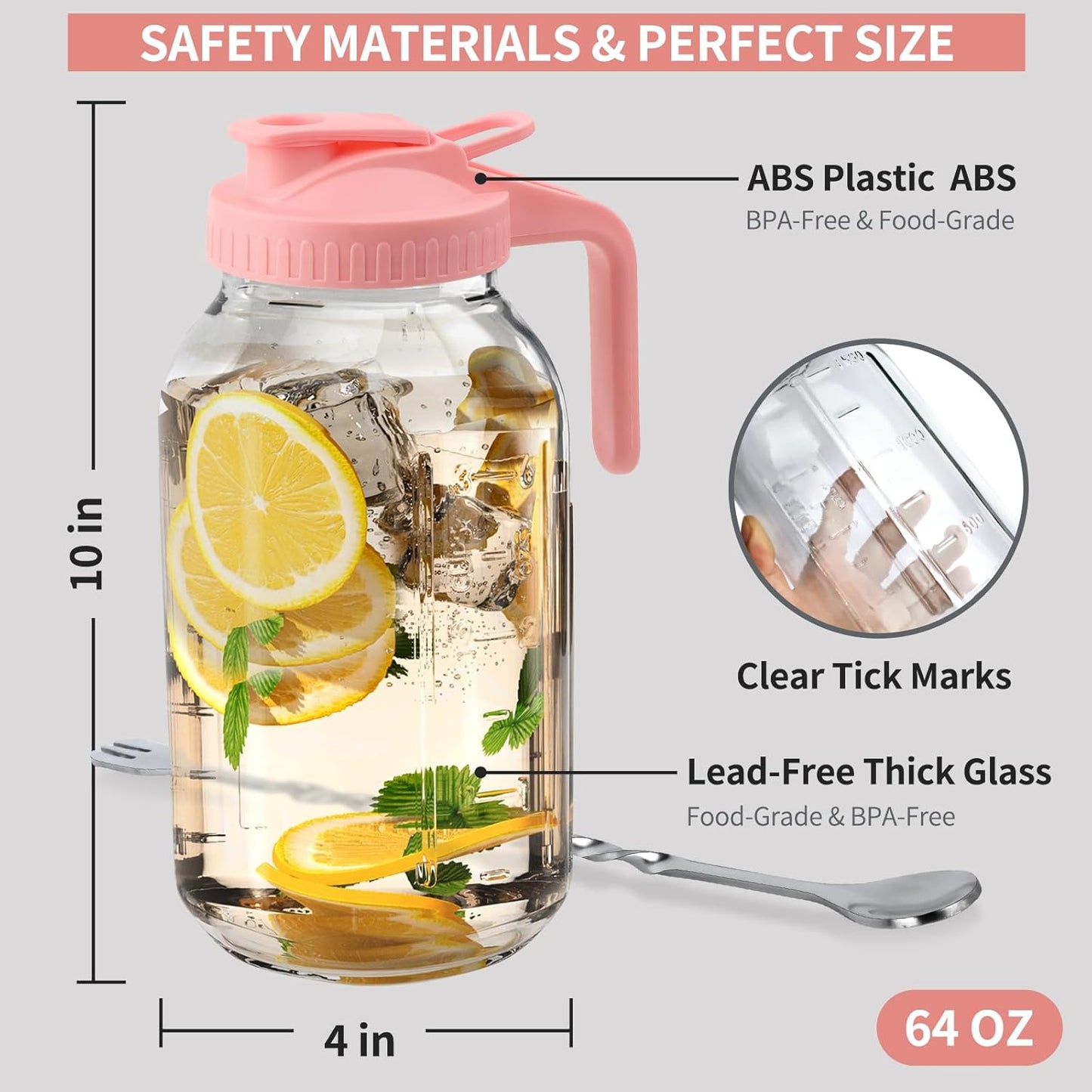 64oz Glass Pitcher with Lid &Pour Spout - 2 Quart Breastmilk Pitcher Double Leak Proof, Creamer Container for Sun Tea, Juice, Cold Brew Coffee, Breastmilk Storage Container -Pink Lid