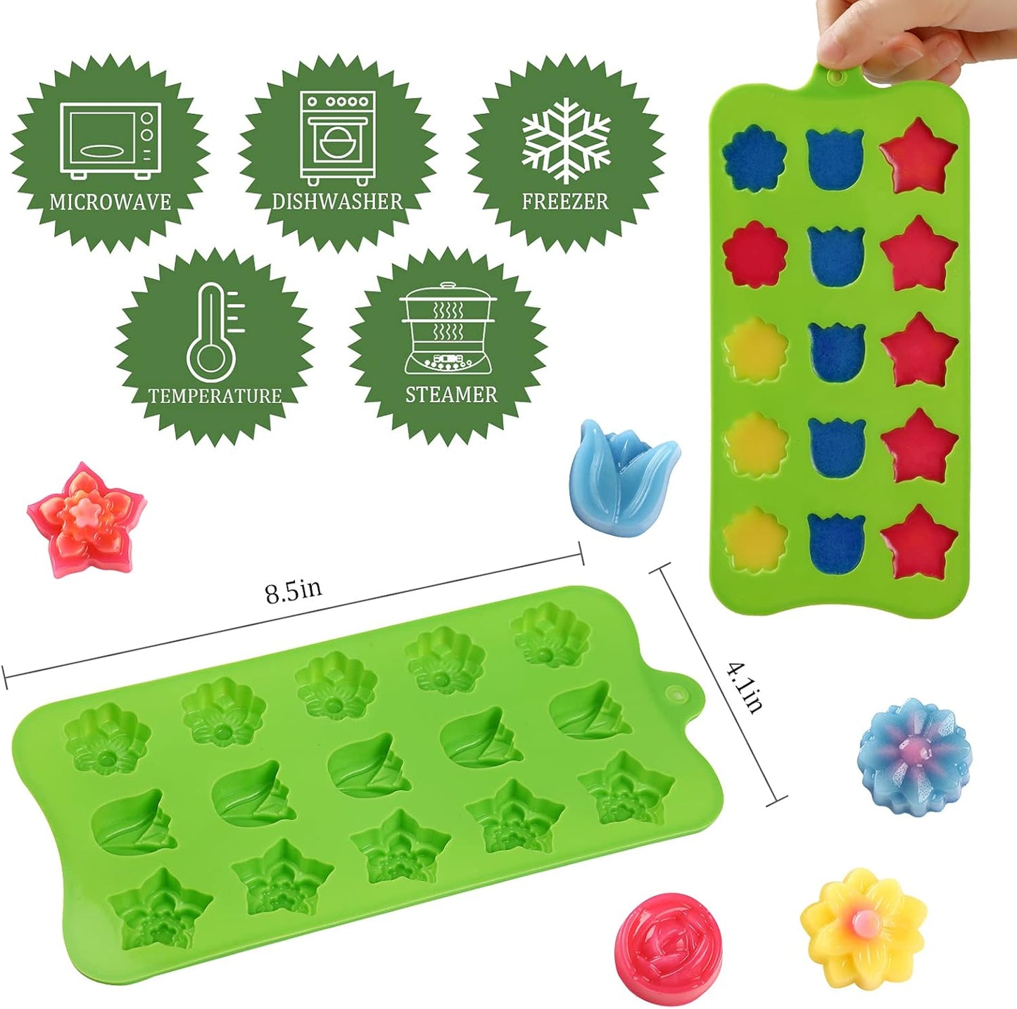 Flower Shape Chocolate Candy Molds Set,Heart,The stars,The rose,Flowers in Combination,15 Cavity Silicone Baking Mold Ice Cube Tray-Wedding,Festival,Parties and DIY Crafts-(6Pcs)