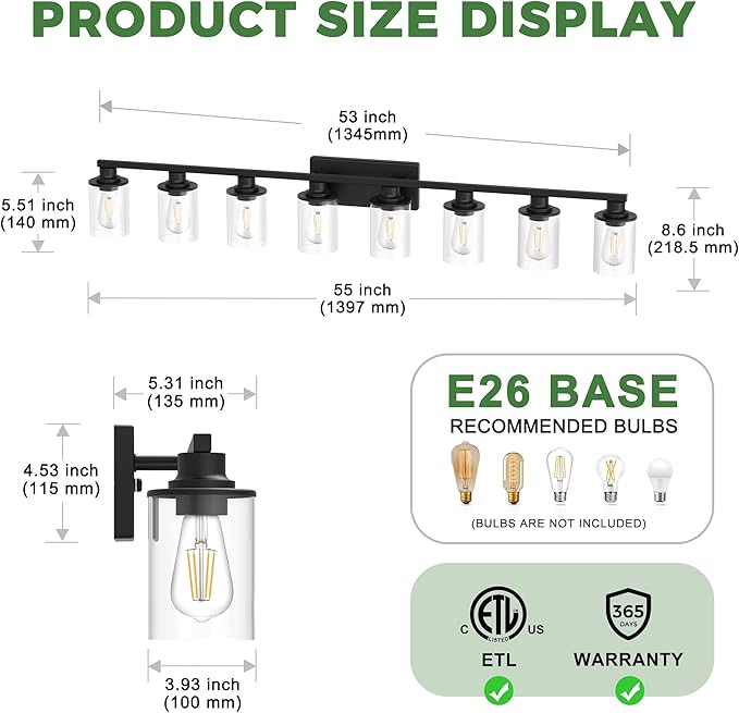 DORESshop 55 Inch Bathroom Light Fixtures, 8-Light Black Bathroom Lighting - Image 5