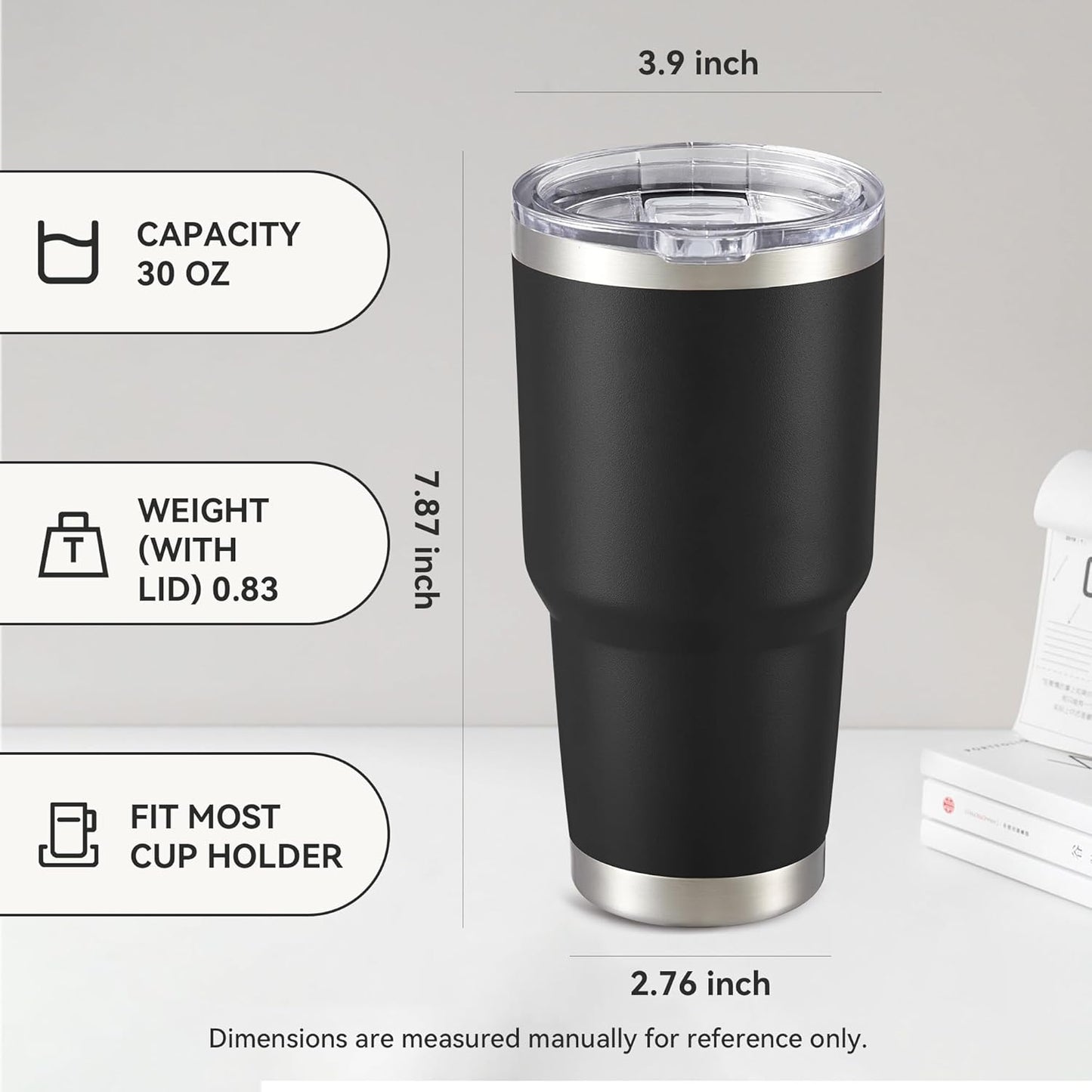30 oz Tumbler with Lid Stainless Steel Tumblers Bulk Vacuum Insulated Cup Reusable Powder Coated Travel Mug Double Wall Leak Proof Cups Keep Cold Drinks for 12 Hours Black, Set of 4