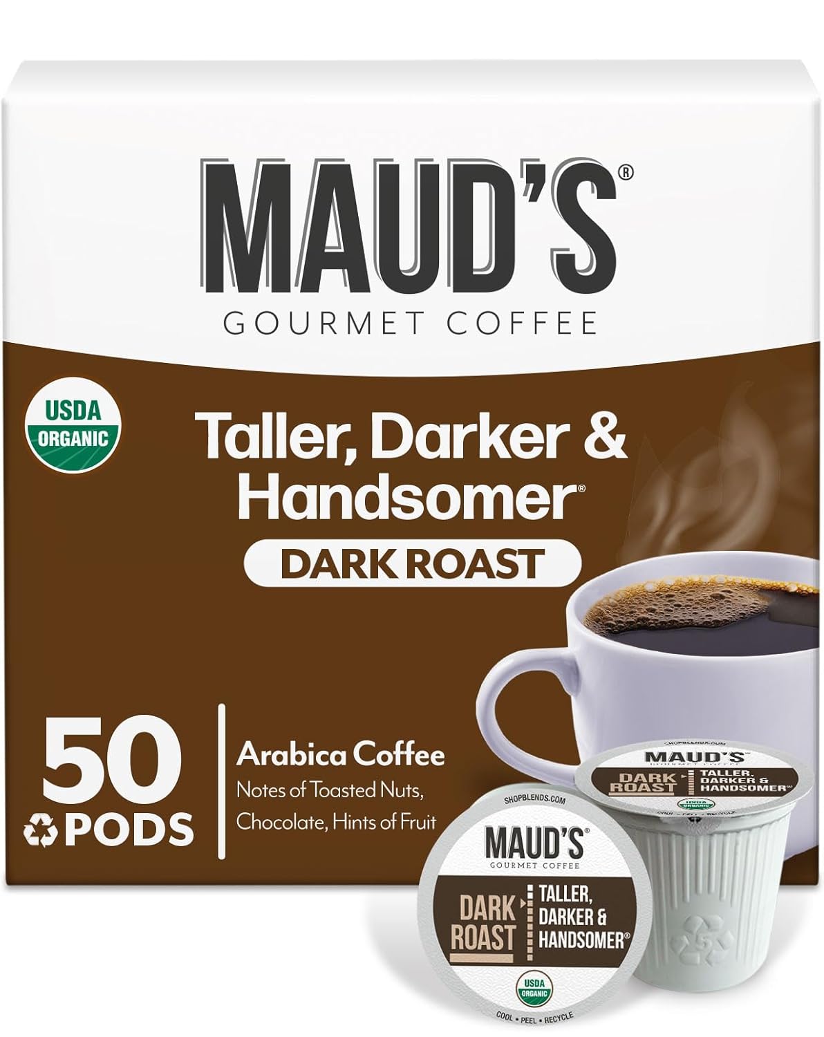 Maud's Organic Dark Roast Coffee Pods, 50 ct, Fair Trade & Single Origin Recyclable Single Serve Pods – 100% Arabica Coffee, Compatible with Keurig K Cups Maker