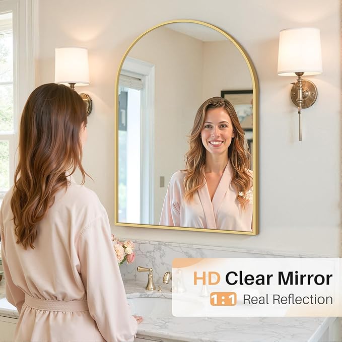 Bathroom Mirror for Wall, 30x20 Inch Arched Mirror, Matte Gold Metal Framed - Image 8