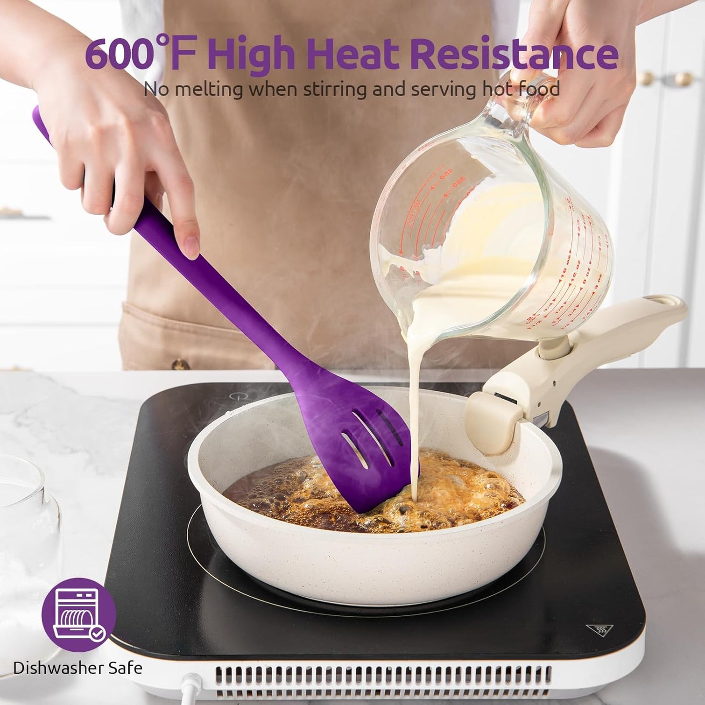 600ºF Heat Resistant Silicone Spoons: U-Taste 13.3in Solid & Slotted Kitchen Cooking Spoon, Nonstick Food Grade Long Rubber Utensil, Sturdy for Mixing, Serving, Frying, Draining (Purple, 2PCS)