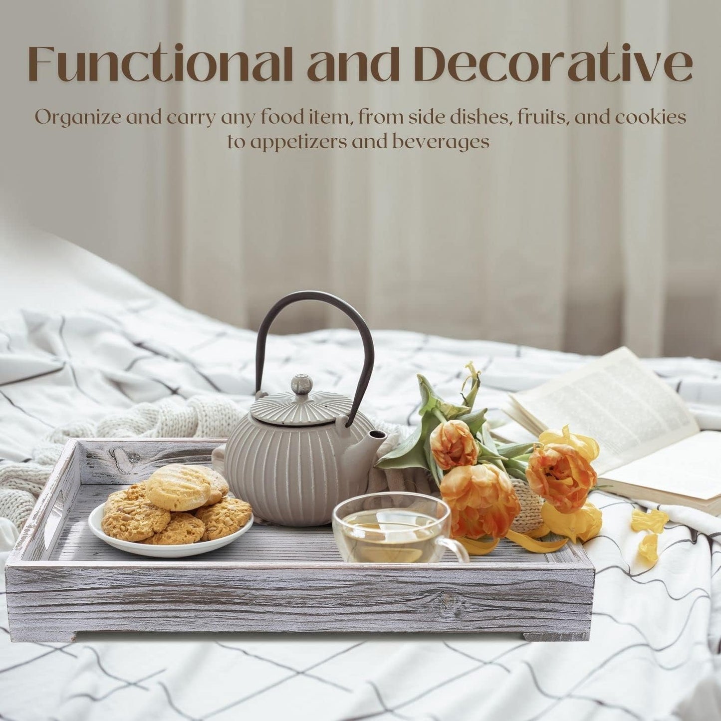 Flexzion Rustic Wooden Serving Tray with Handle - 3-Piece Set of Wooden Trays for Ottomans, Torched Whitewash Nesting Trays for Eating, Decoration, Coffee, Stackable Rectangular Breakfast Trays